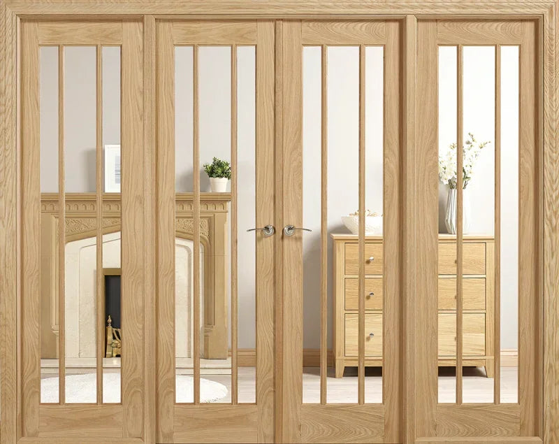 Oak wood room divider with glass panels in modern living room setting
