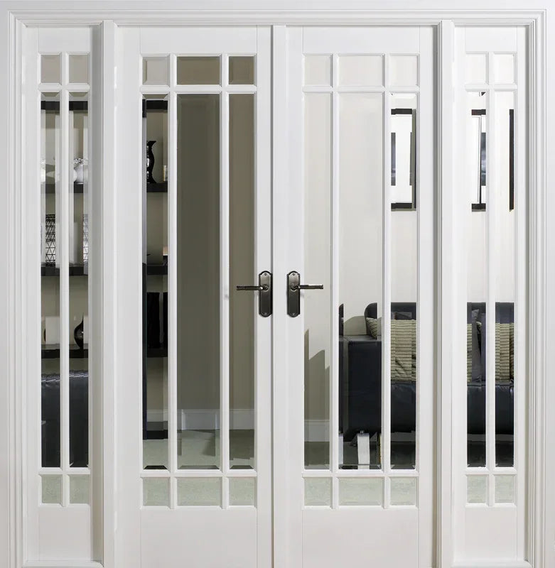 White Manhattan room divider with glass panels and chrome handles in modern living space