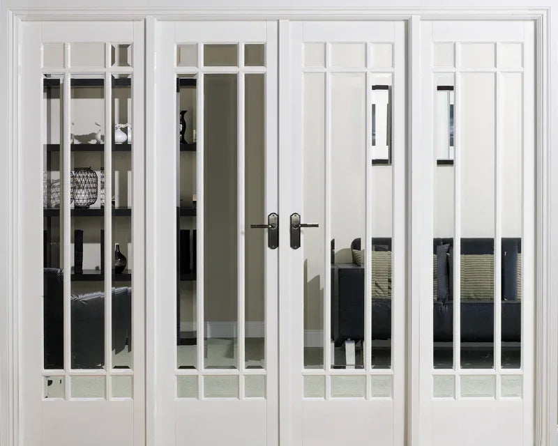 White wooden room divider with glass panels in modern living room setting