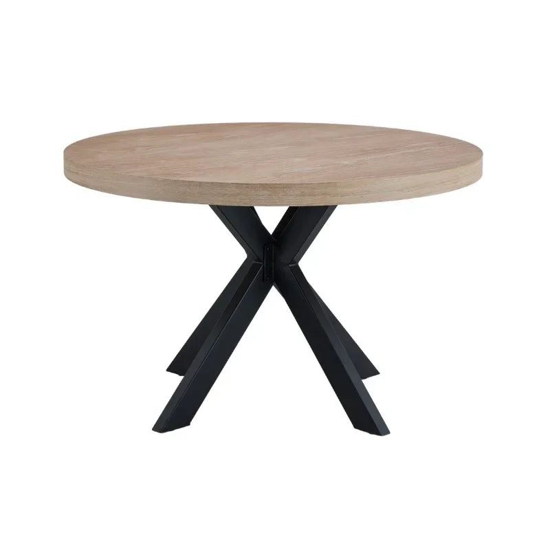 Round dining table with light wood top and black metal cross legs