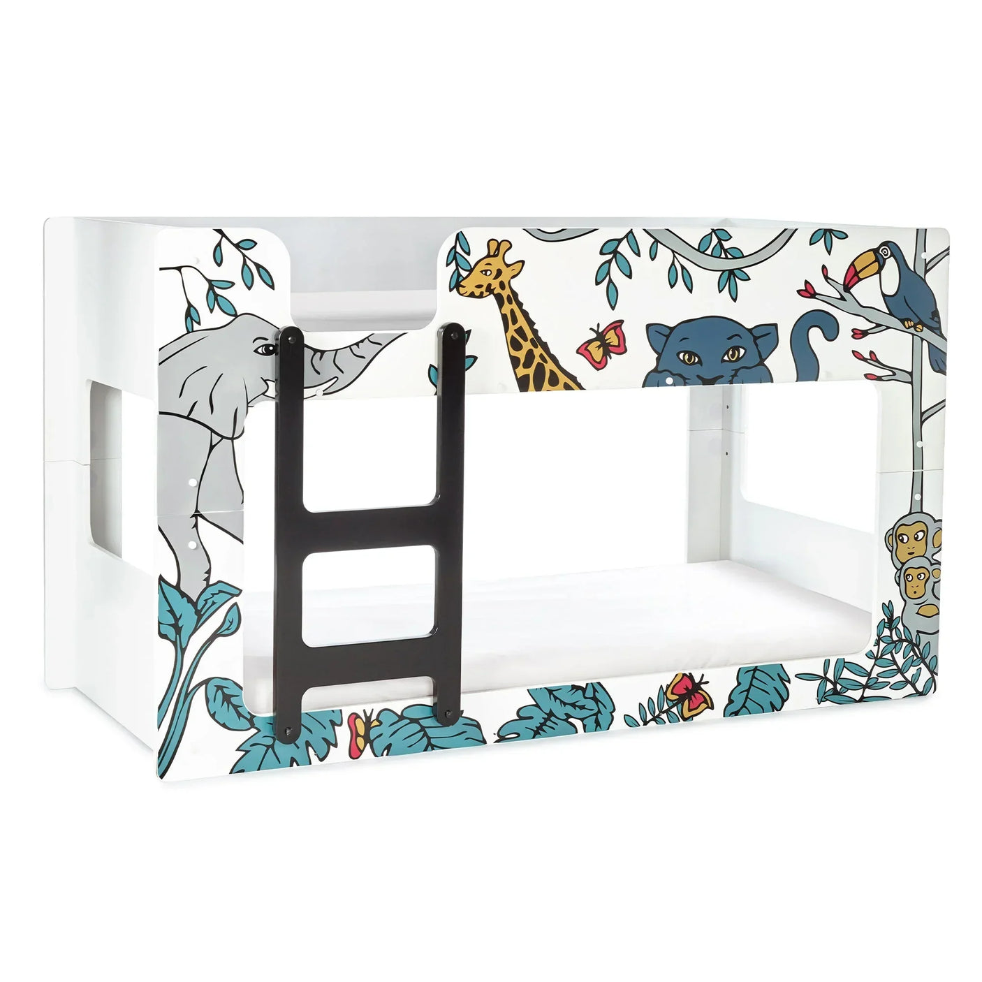 White safari bunk bed with jungle animal illustrations and black ladder front view