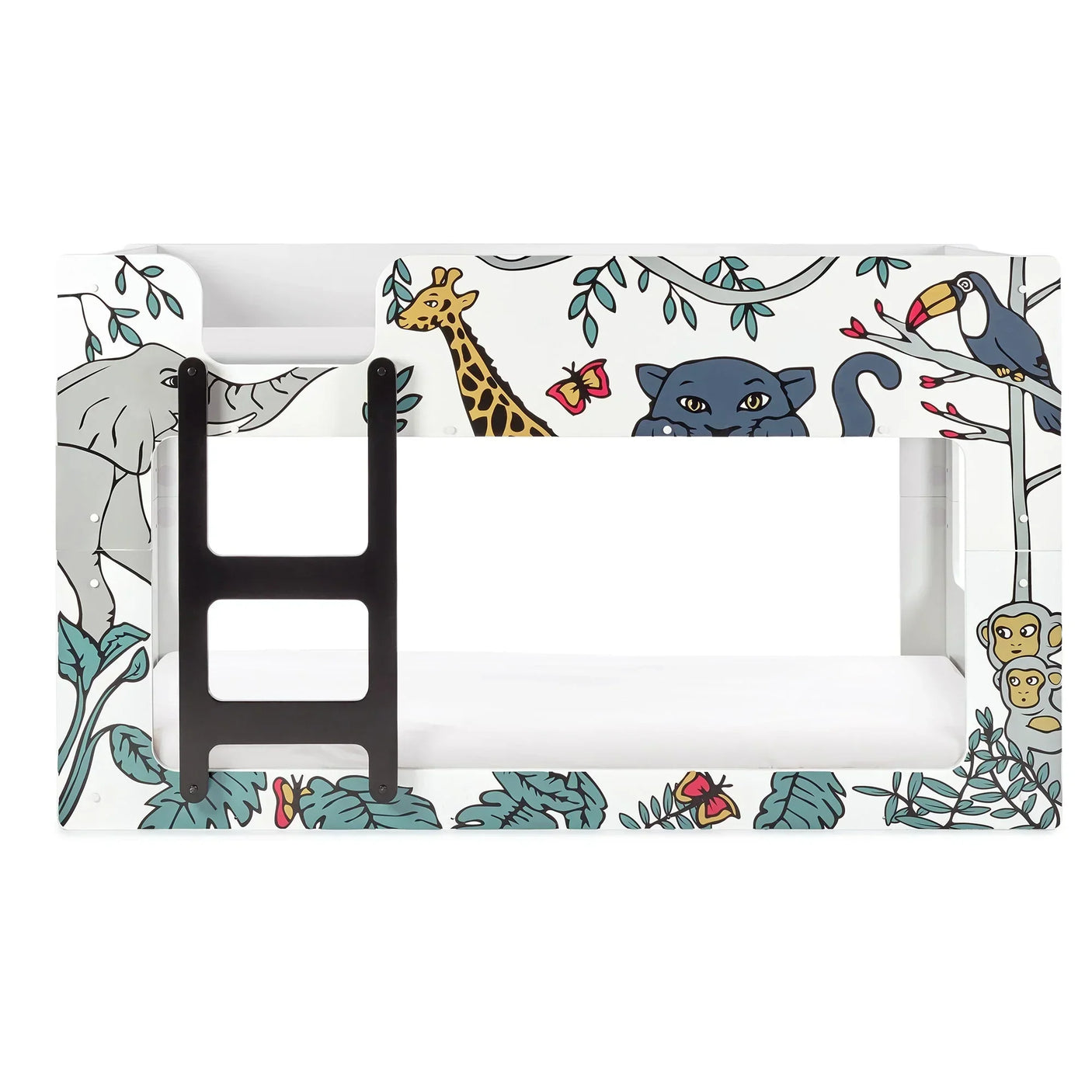 Safari bunk bed with animal illustrations, black ladder, white frame, jungle theme