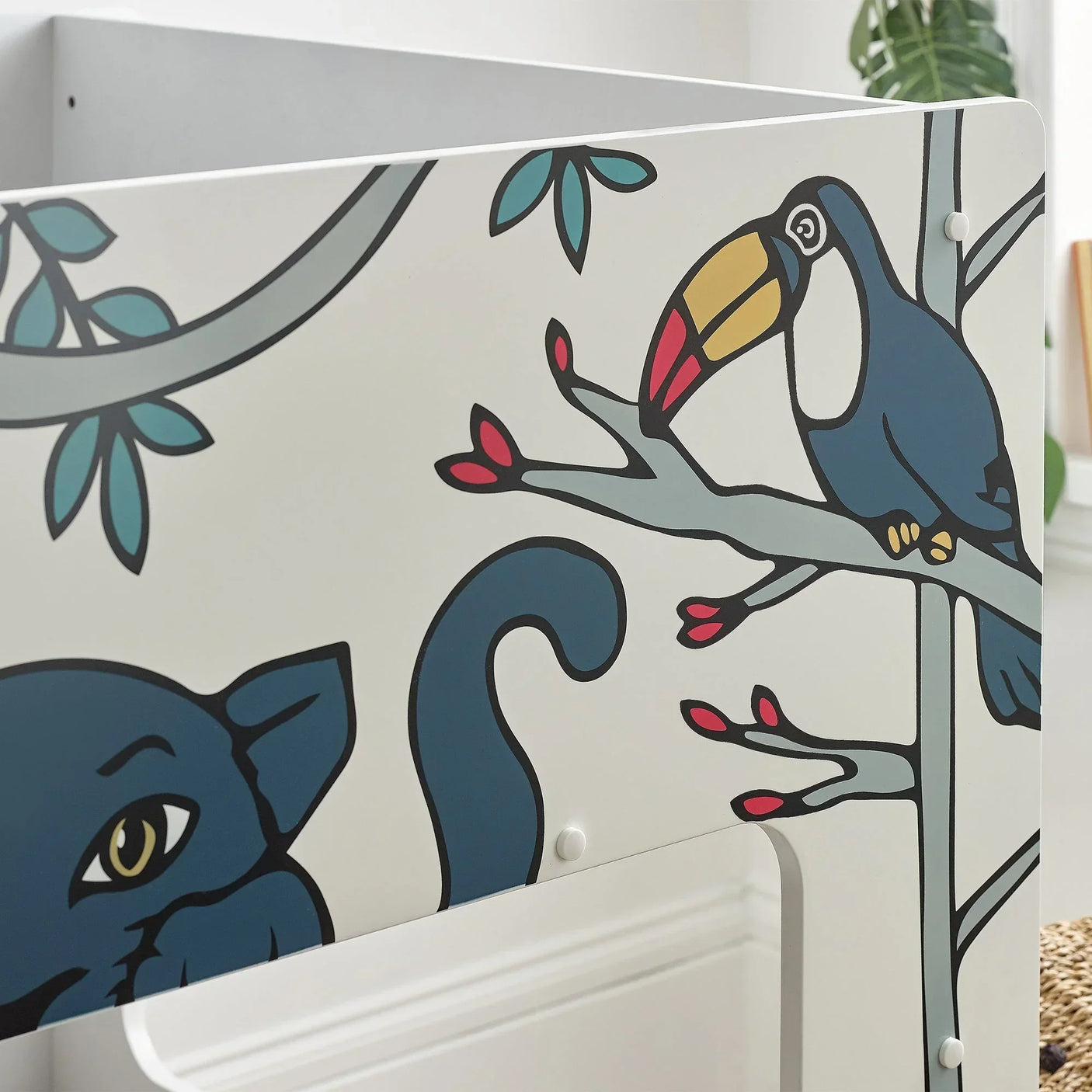 Safari bunk bed panel with toucan and panther illustrations on white wood
