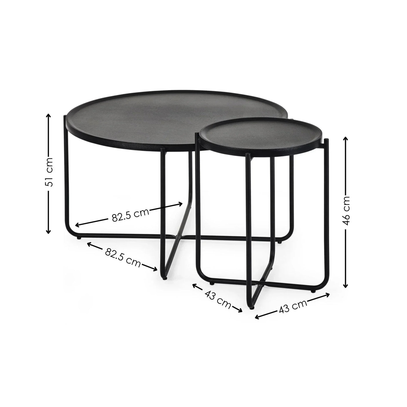 Black metal nesting coffee tables set with round tops and size measurements listed