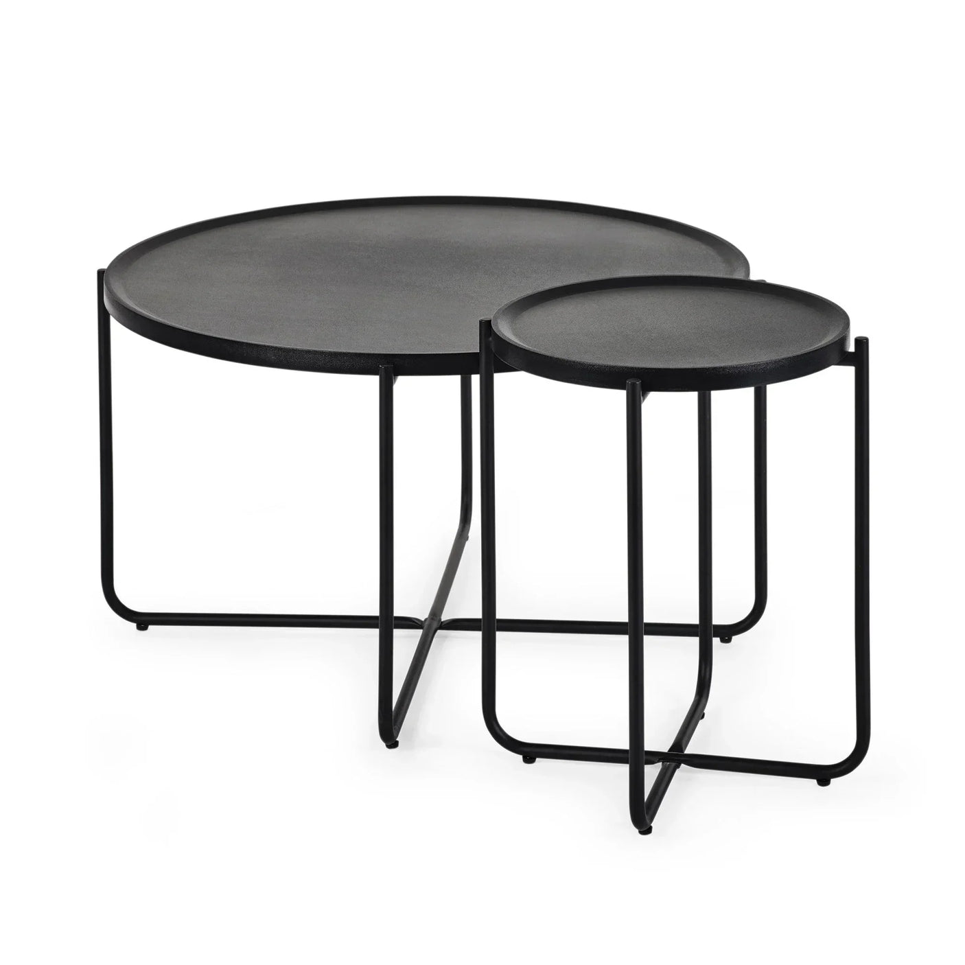 Black metal nesting coffee tables with round tops and minimalist frame design