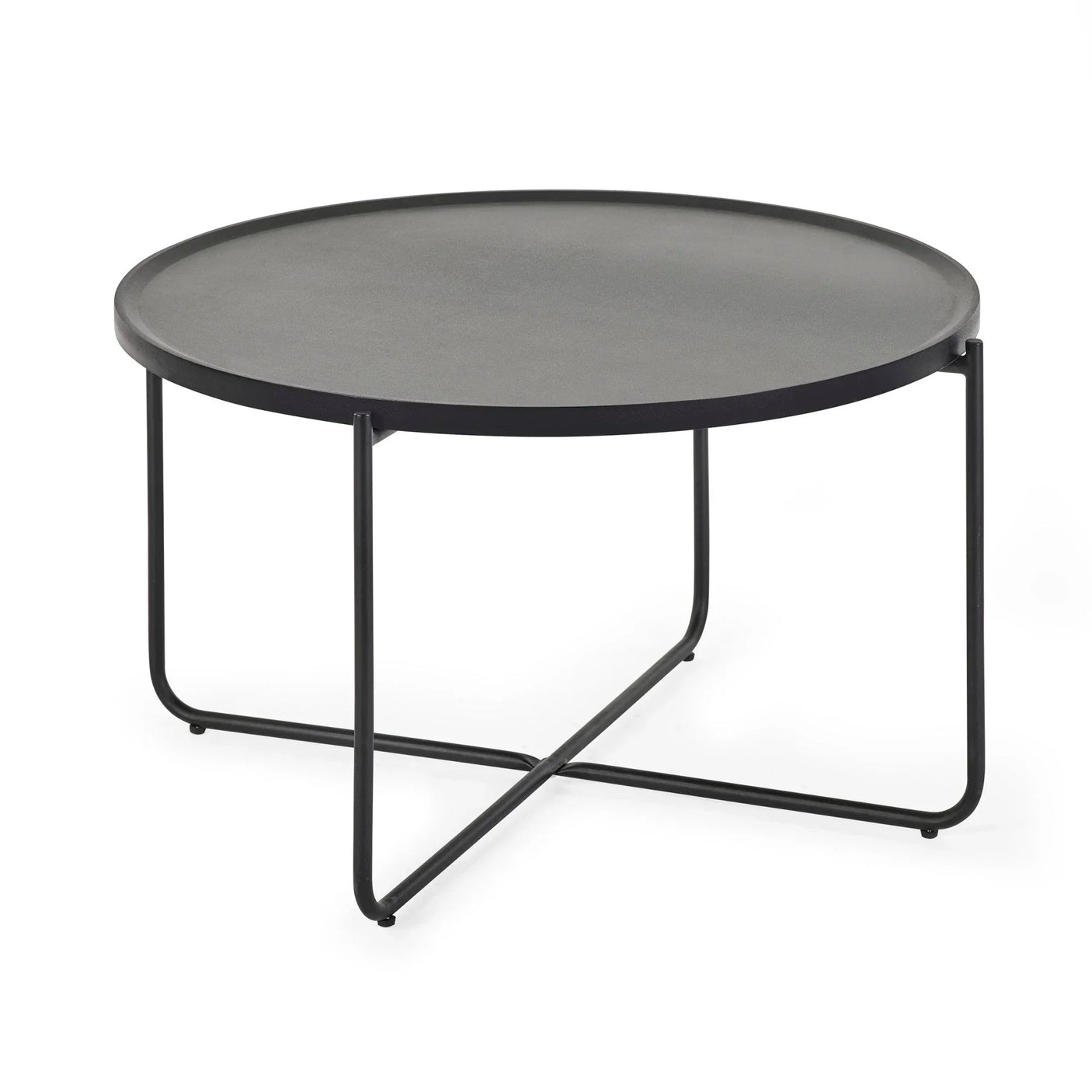 Round black coffee table with metal legs and minimalist design on white background