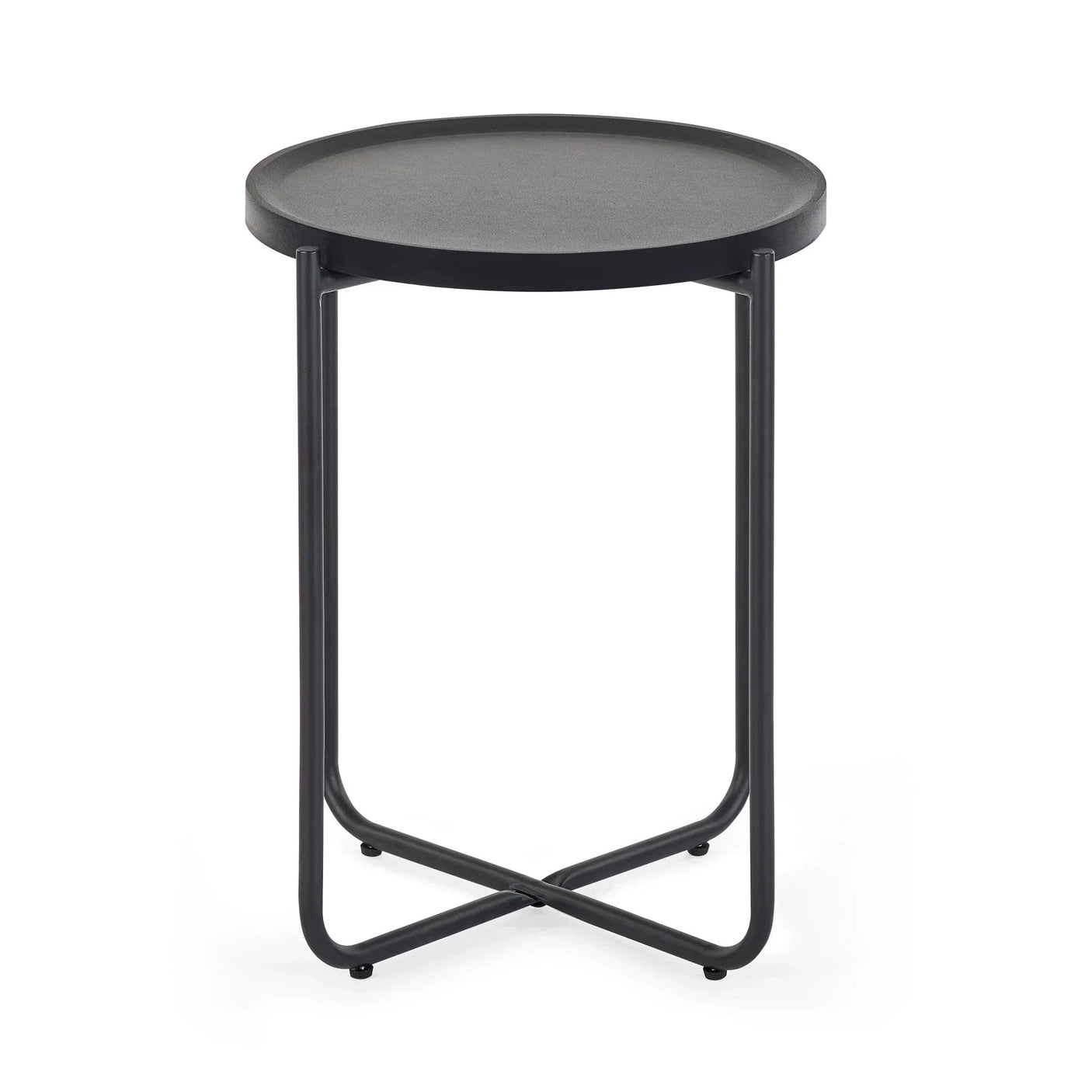 Round black metal side table with cross base on white background