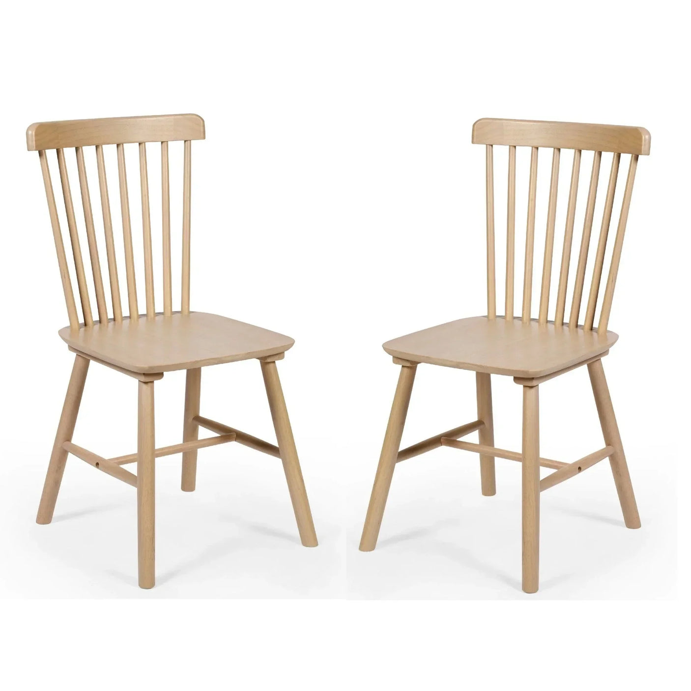 Pair of natural wood dining chairs with slatted backs and angled legs on white background