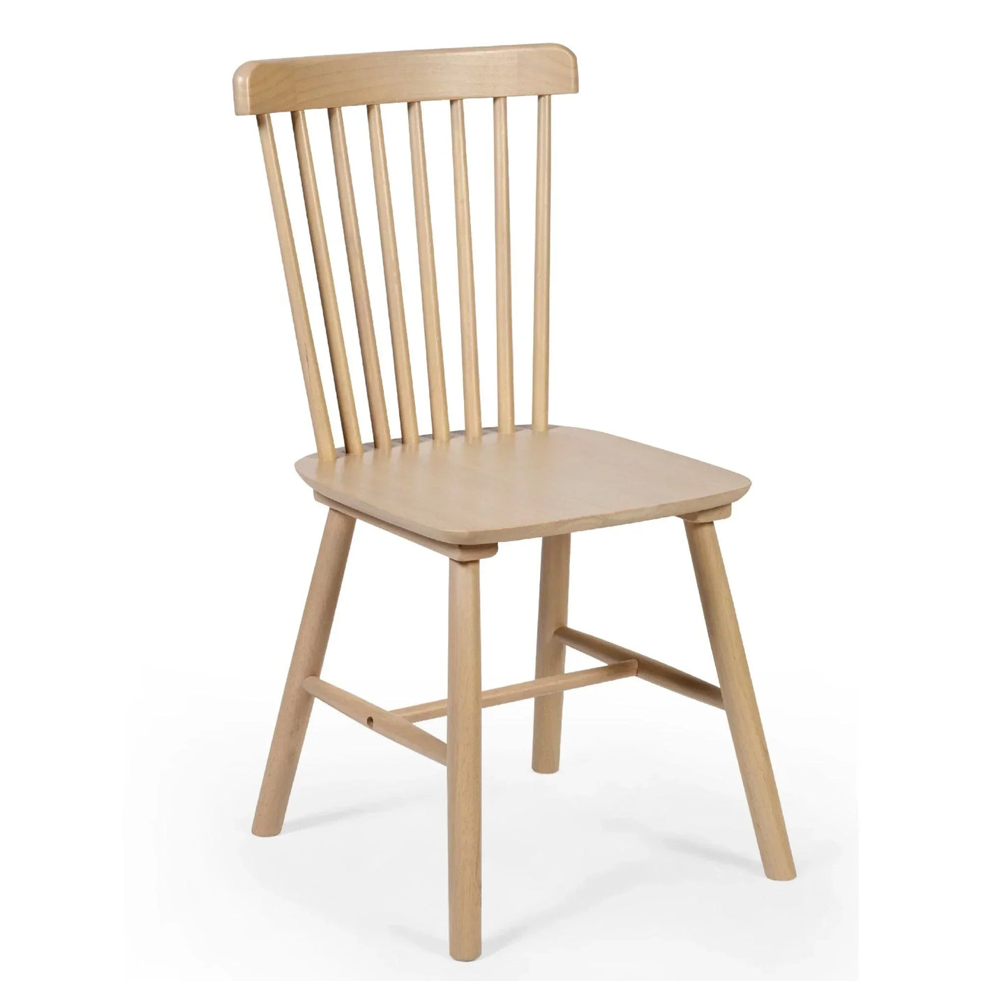 Natural wood dining chair with spindle back and angled legs