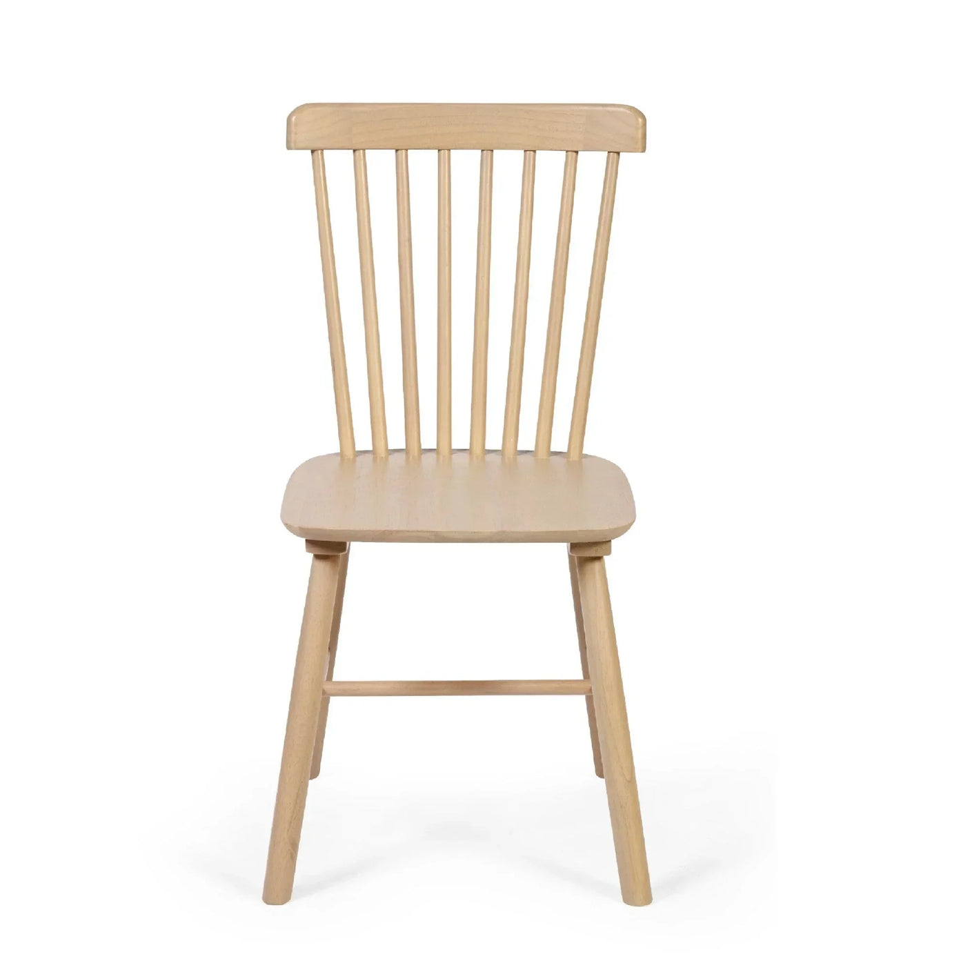 Natural wood dining chair with spindle backrest and angled legs, front view