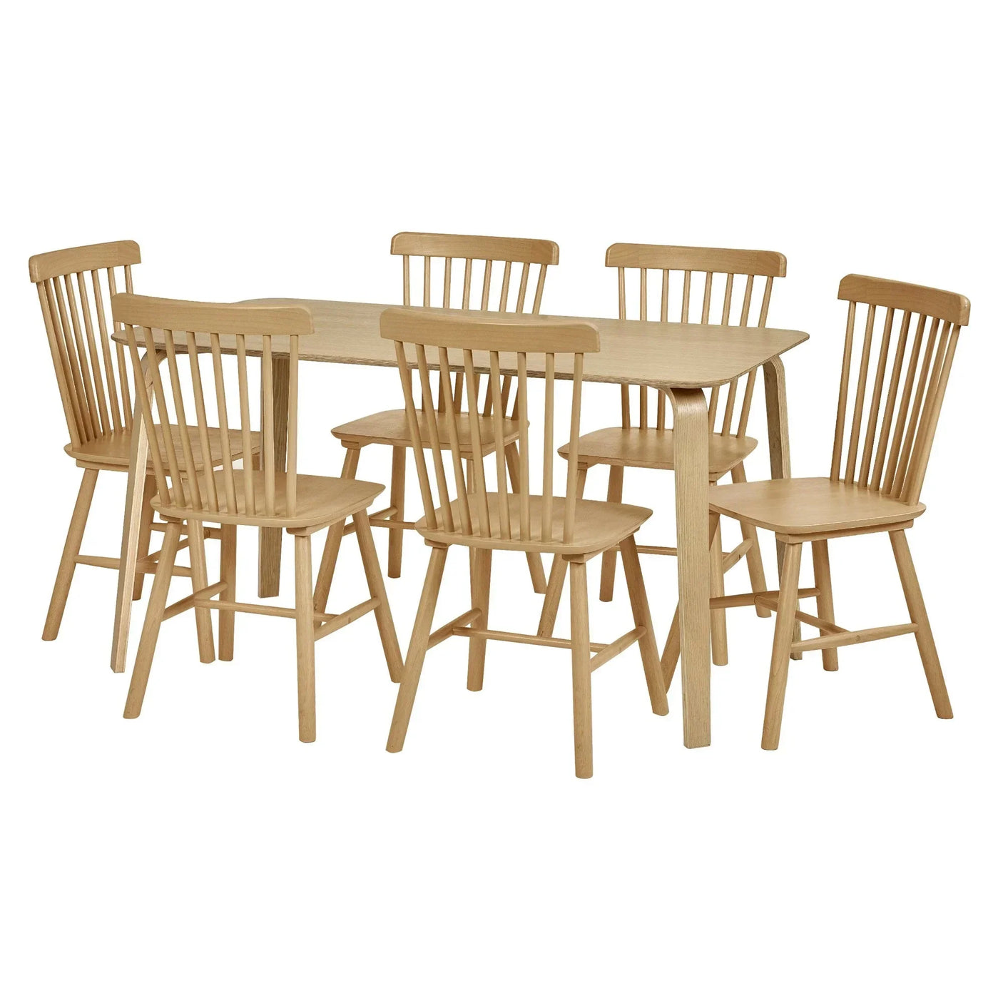 Light wood dining table with six matching spindle back chairs