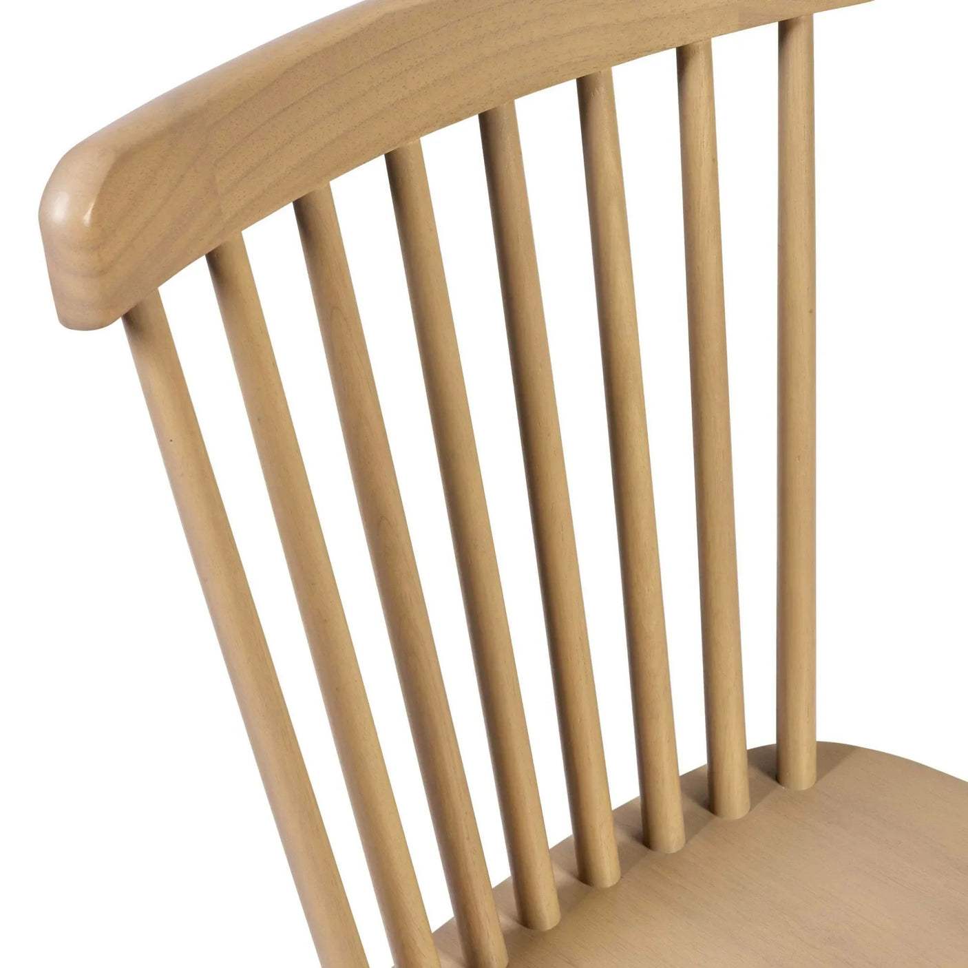 Natural wood dining chair with vertical slat backrest, close-up of back and seat