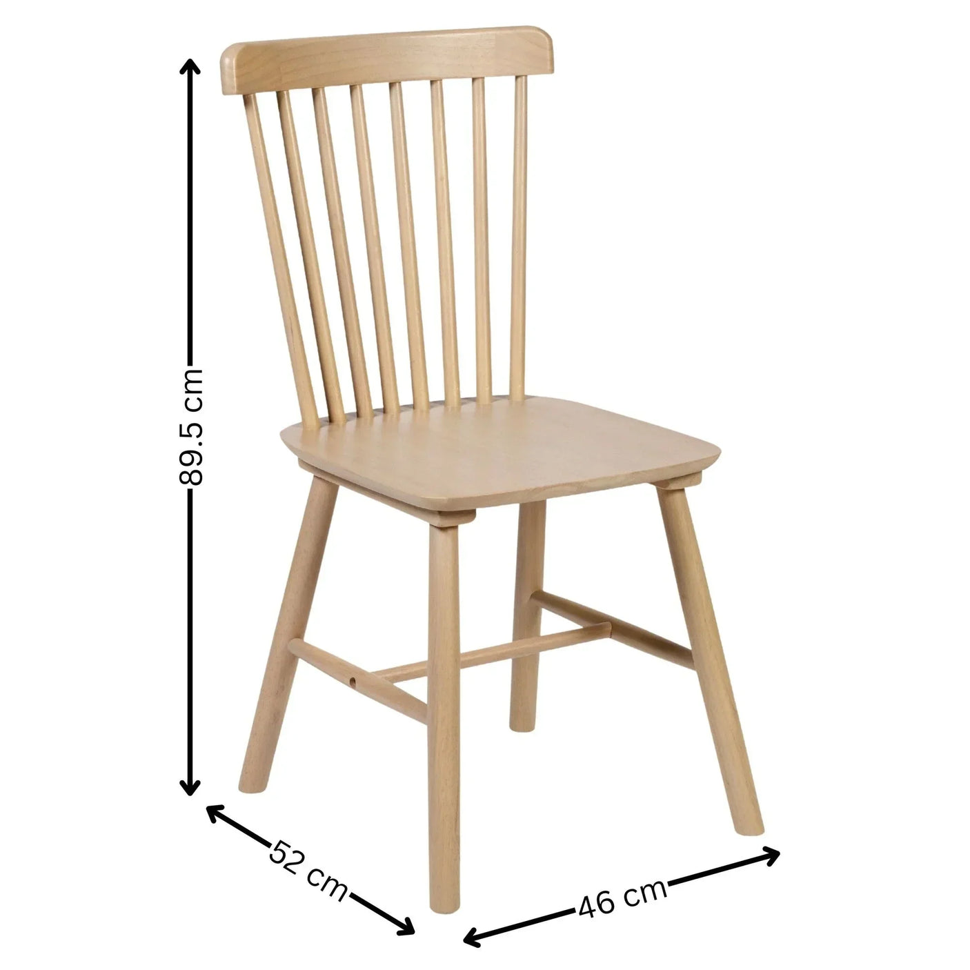 Light wood dining chair with spindle back and seat dimensions 89.5 x 52 x 46 cm