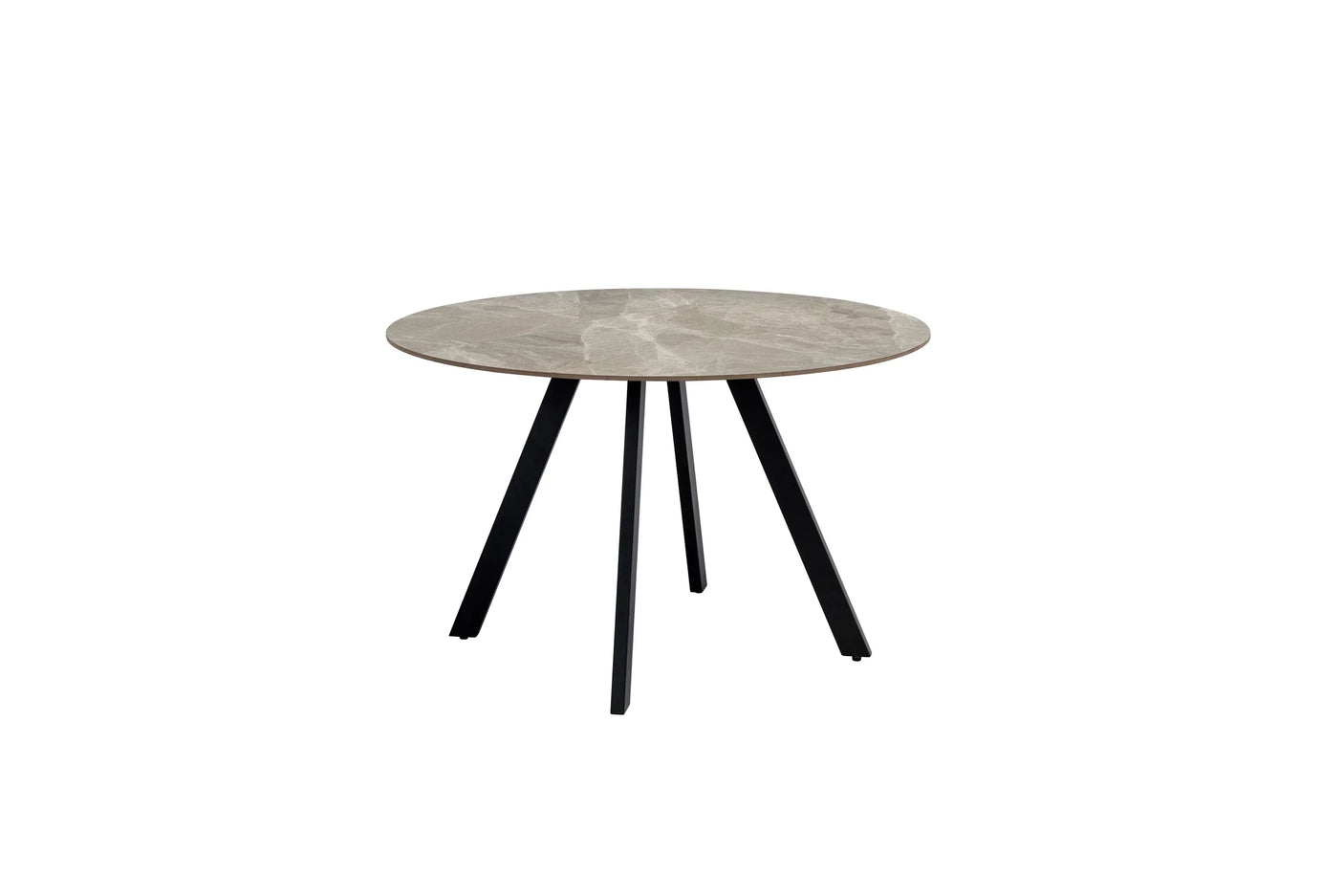 Round dining table with light marble top and black angled metal legs