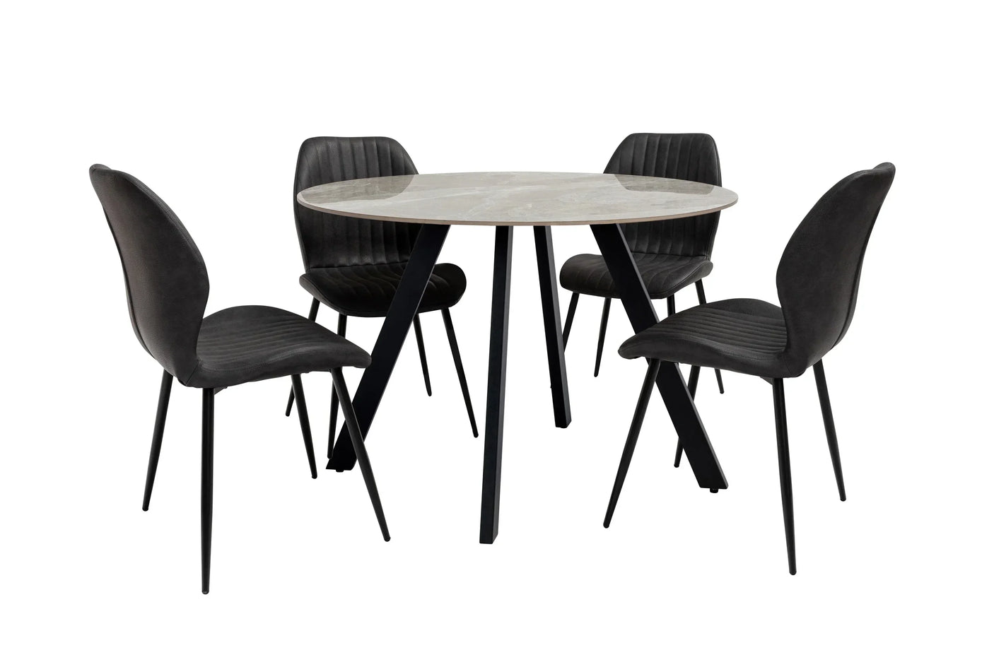 Round marble dining table with black metal legs and four black upholstered chairs