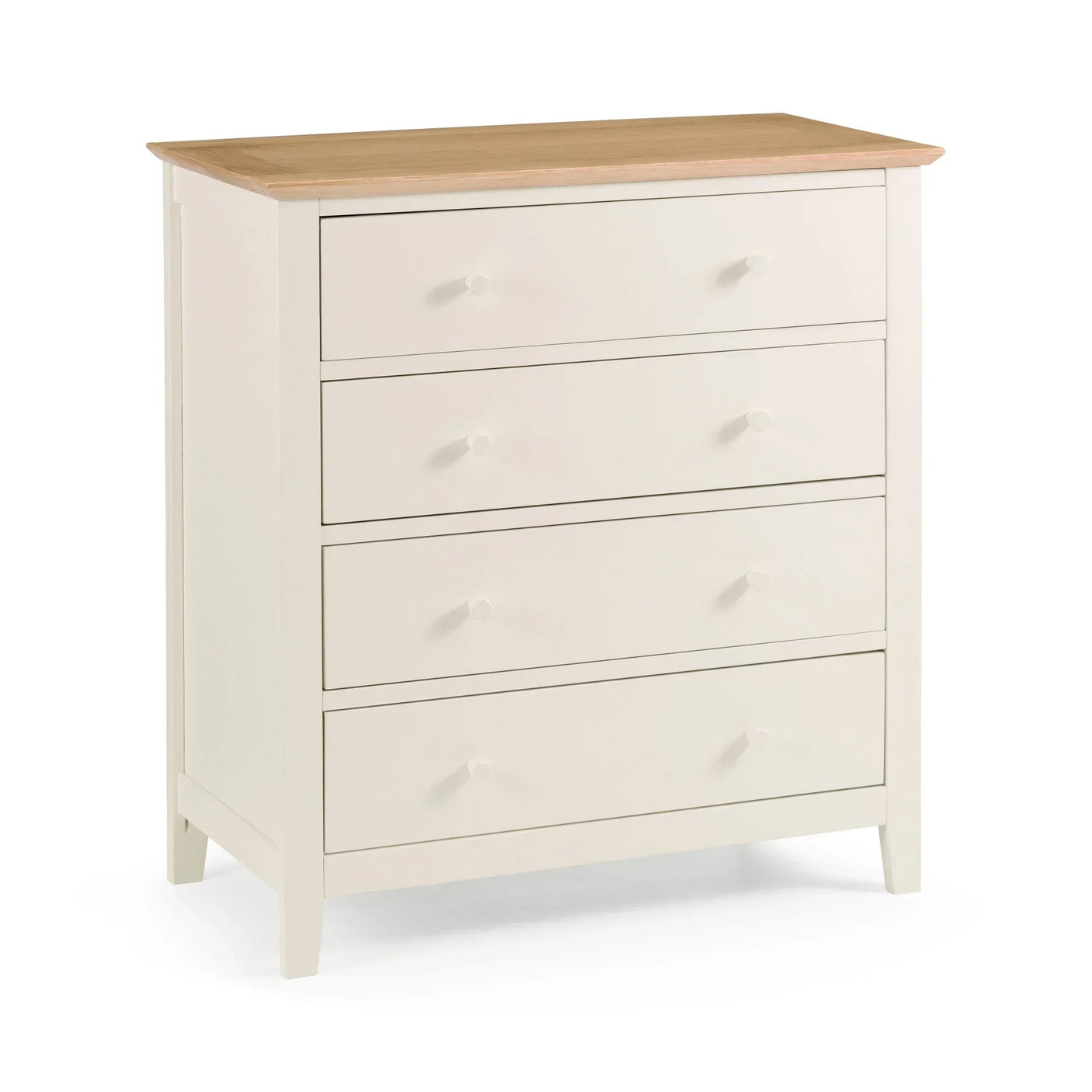 White chest of drawers with four drawers and light wood top, shown at an angle