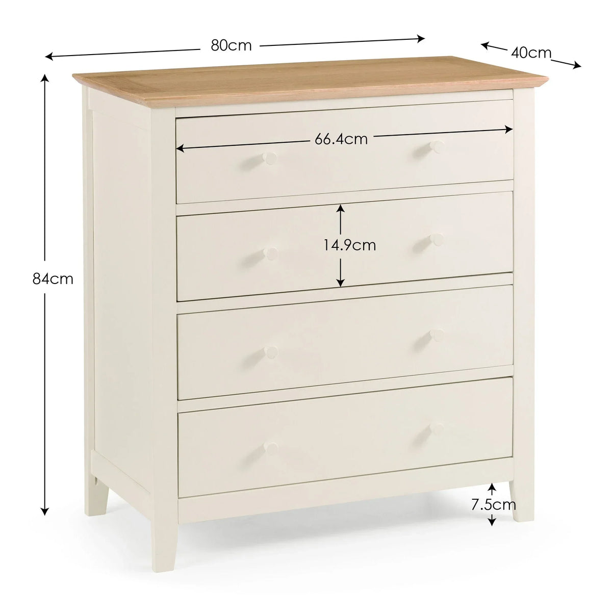 White chest of drawers with wooden top, featuring four drawers and size dimensions shown