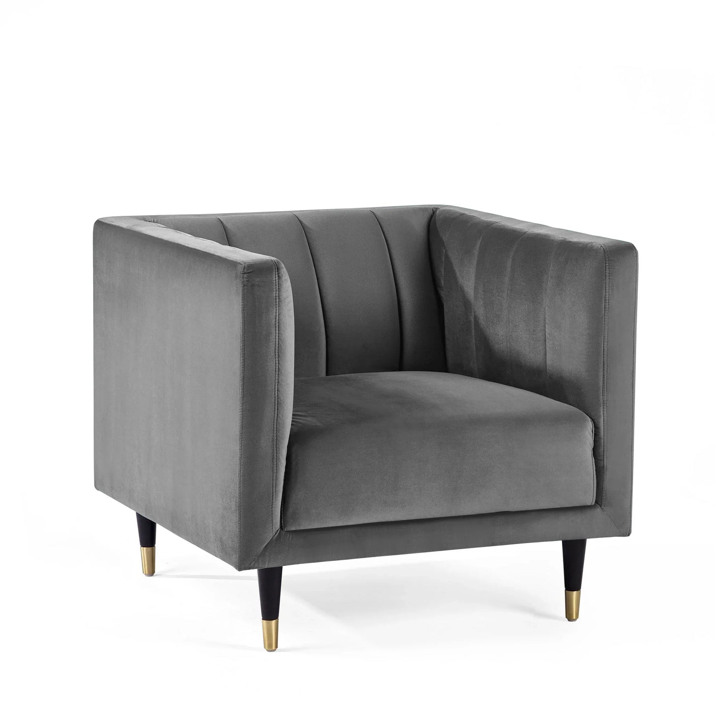 Grey velvet armchair with gold-tipped legs and vertical channel stitching, front angle view