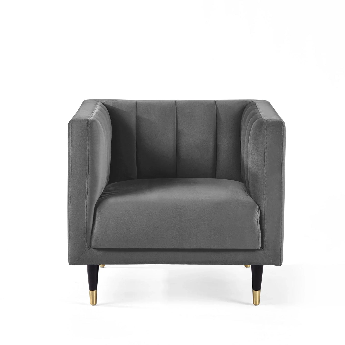 Grey velvet armchair with vertical stitched backrest and gold-tipped black legs, front view