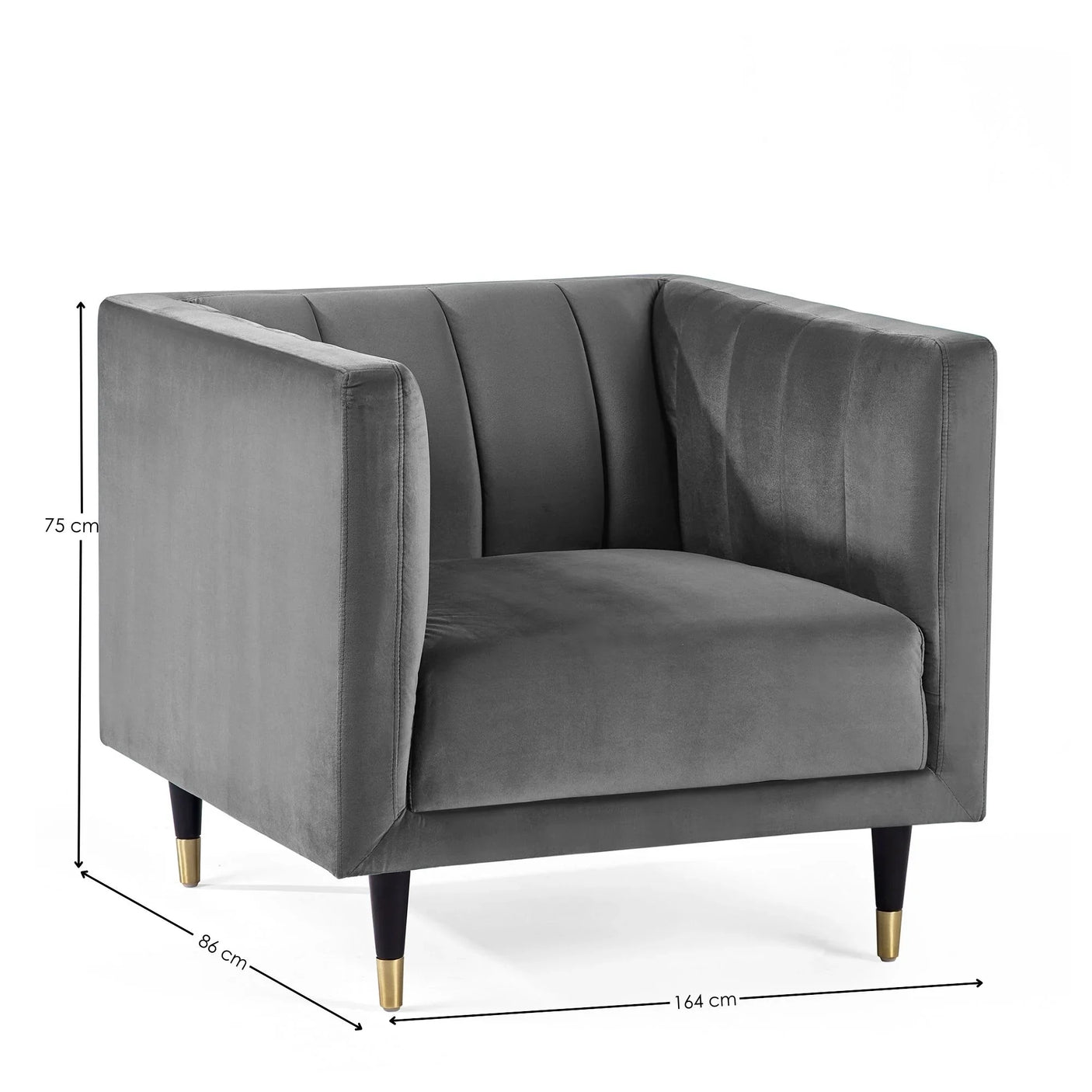 Grey velvet armchair with gold-tipped legs, modern design, angled with measurements visible