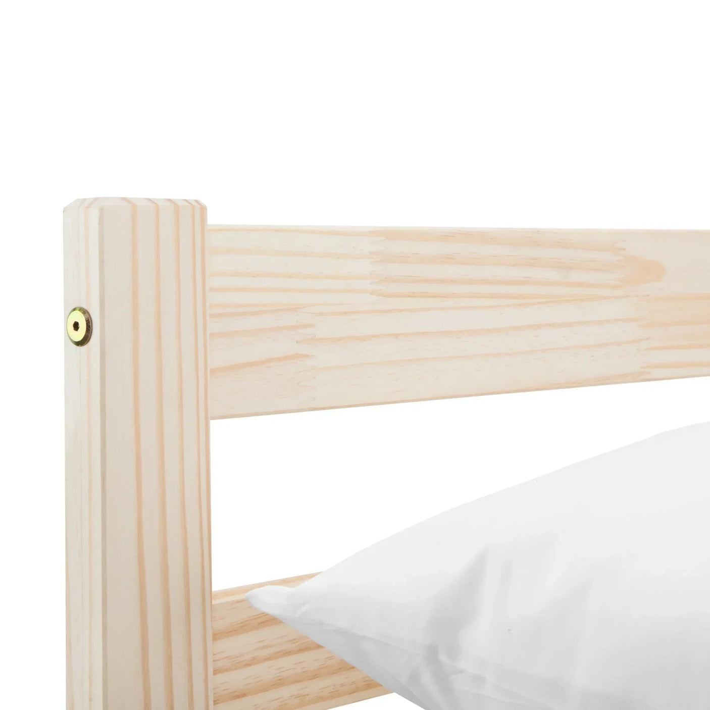 Close view of light wood bed frame with horizontal slats and white pillow