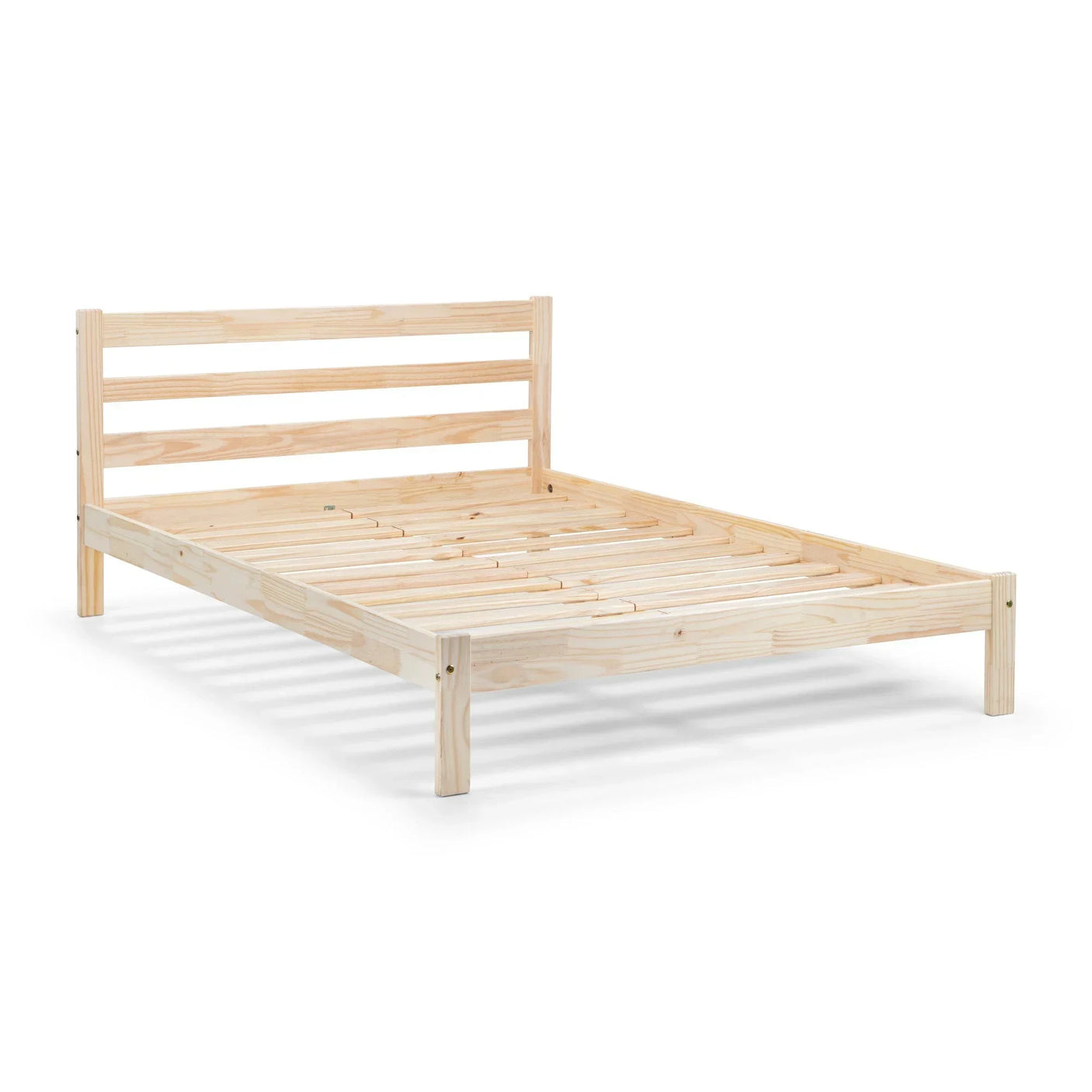 Natural wood bed frame with slatted base and headboard, angled view on white background