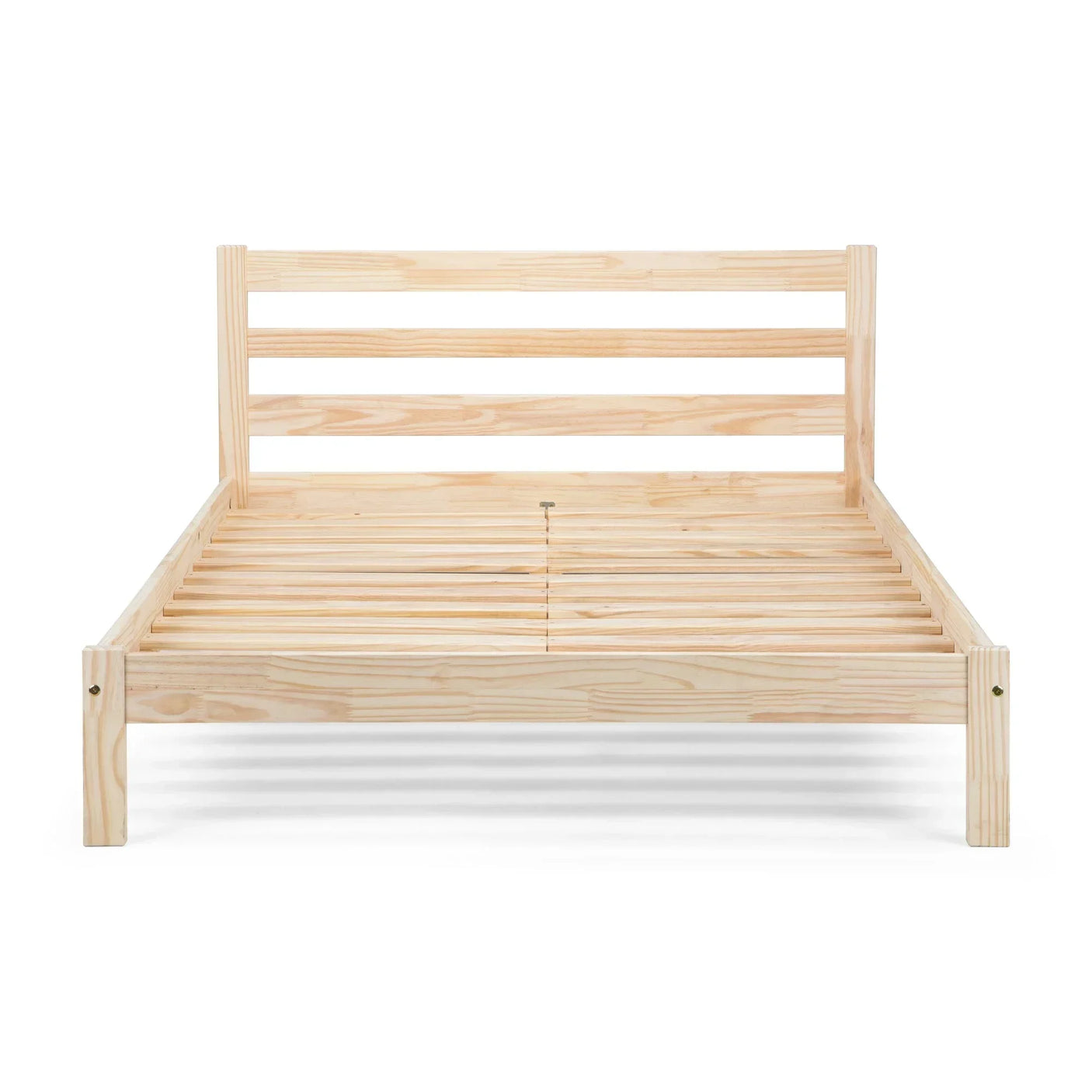 Natural wood bed frame with slatted base and horizontal headboard, front view