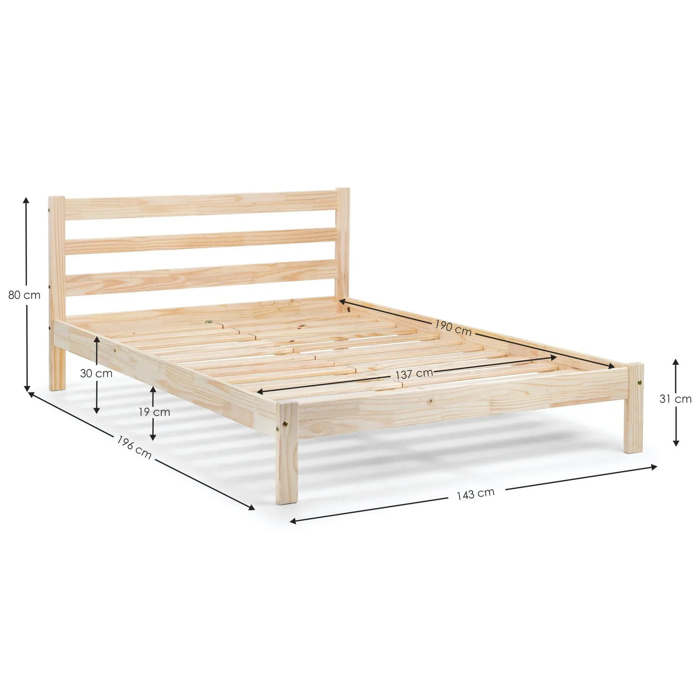 Natural wood bed frame with slatted base and headboard, dimension lines shown