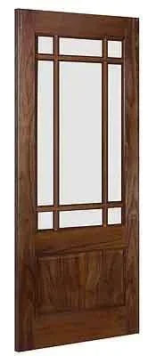 Solid wooden interior door with rectangular frosted glass panel and geometric frame design