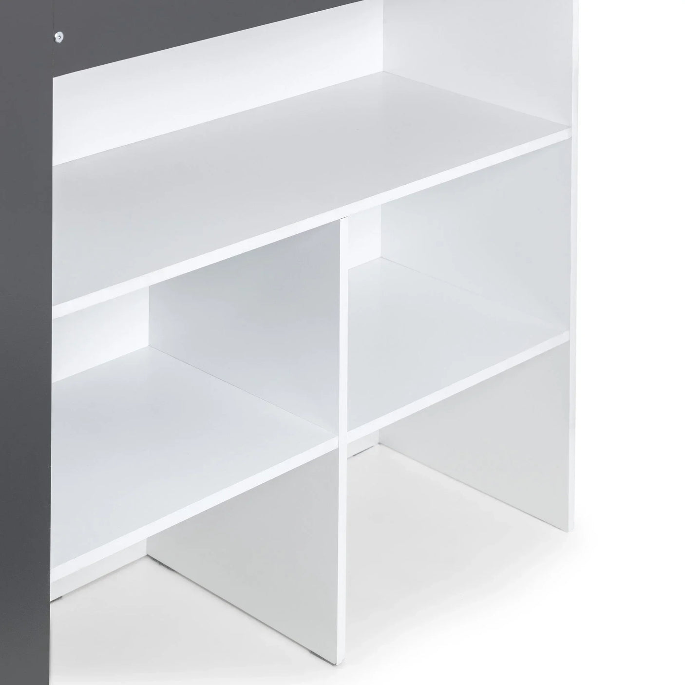 white shelving unit with multiple open compartments and contrasting grey side panel