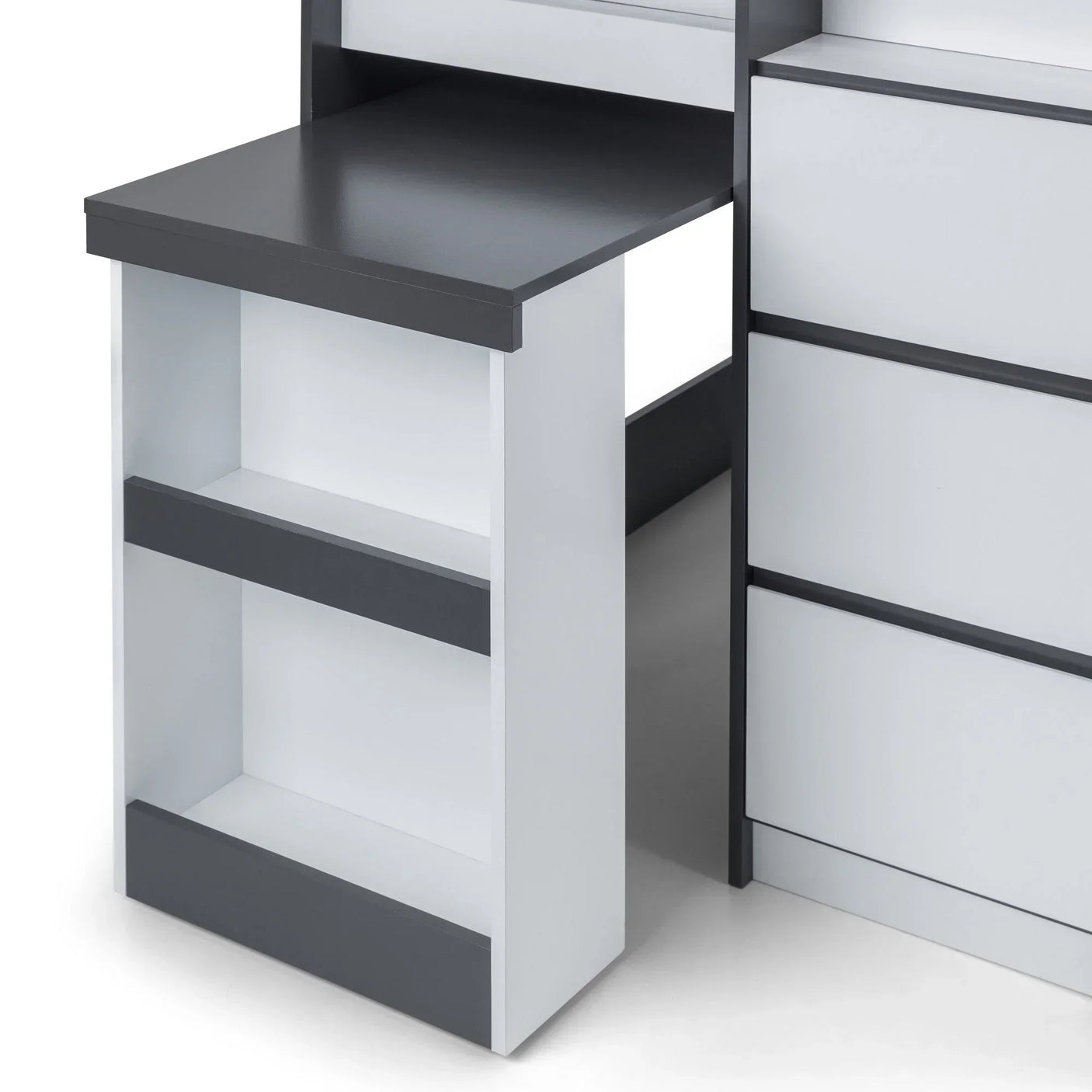 Modern white desk with grey trim, open shelving and adjacent drawers, close-up view