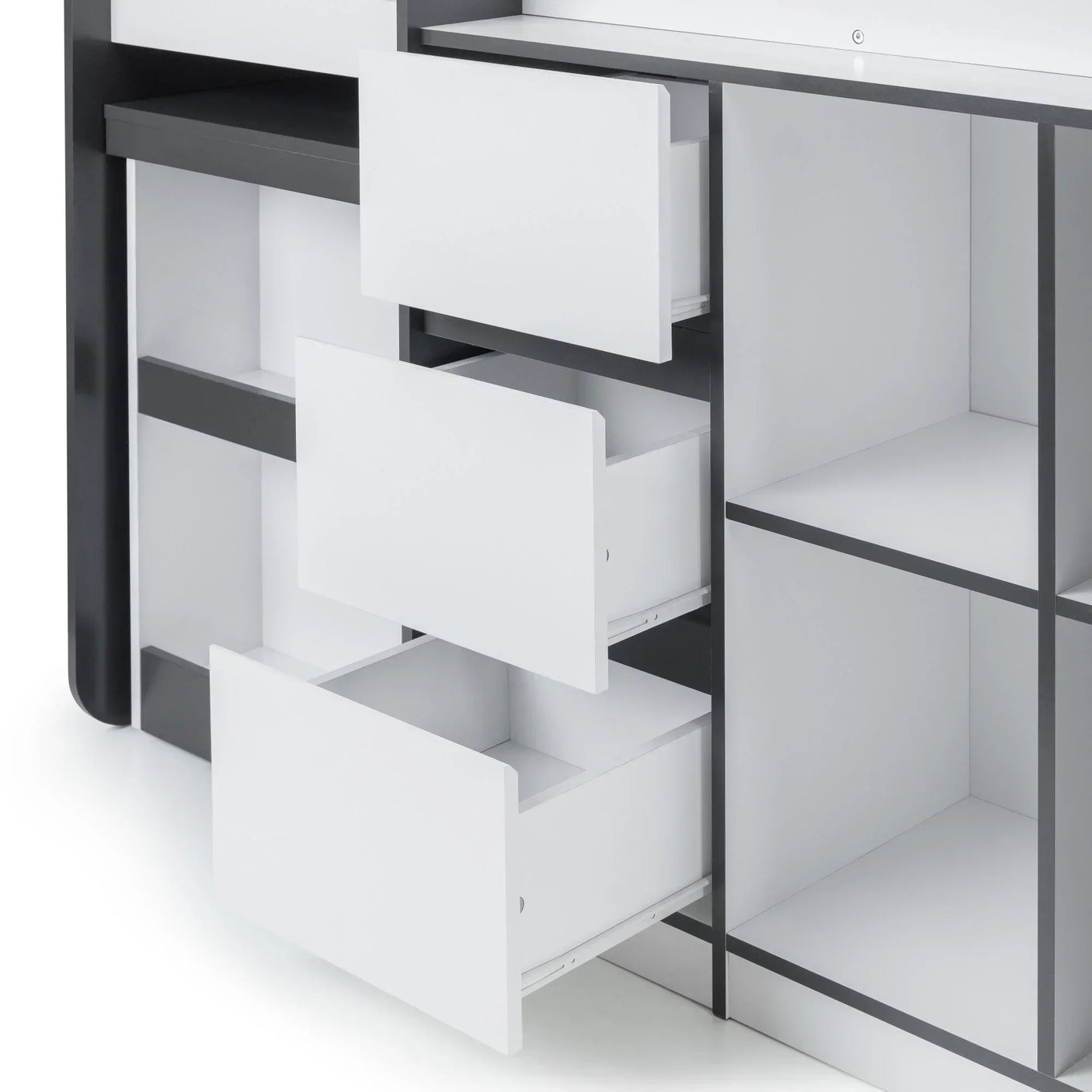 Modern white storage unit with three open drawers and shelving compartments