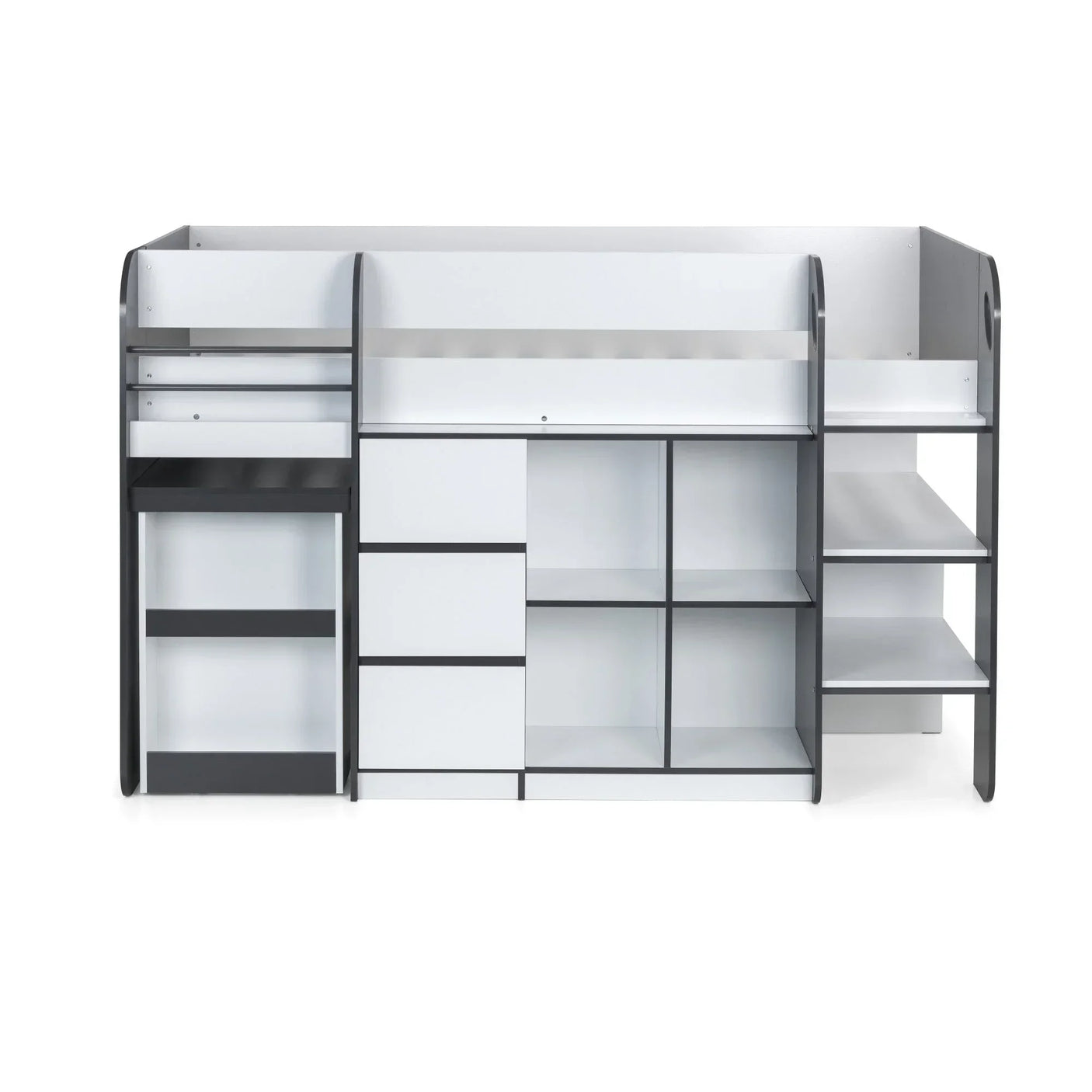 White and grey mid sleeper cabin bed with built-in shelves, desk, and storage compartments