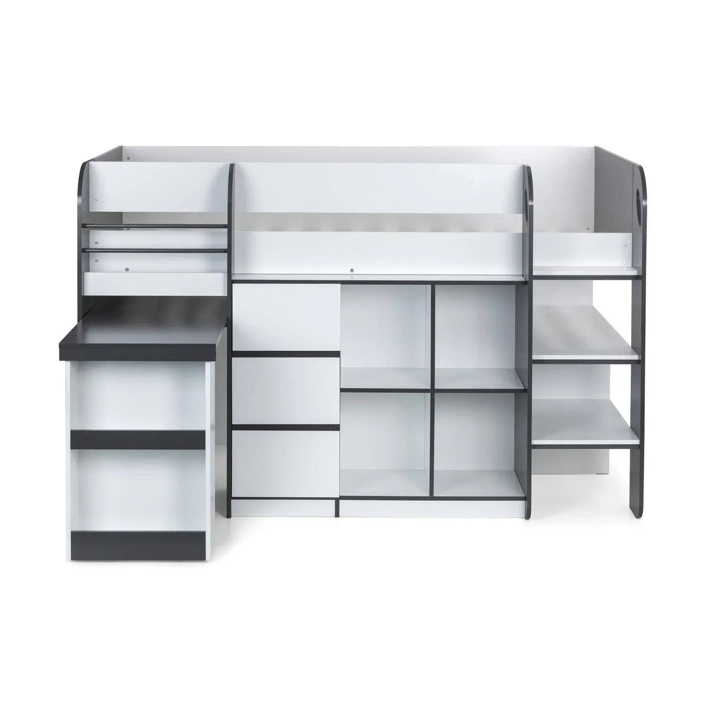 White and grey kids' cabin bed with integrated desk, shelves, and storage compartments front view
