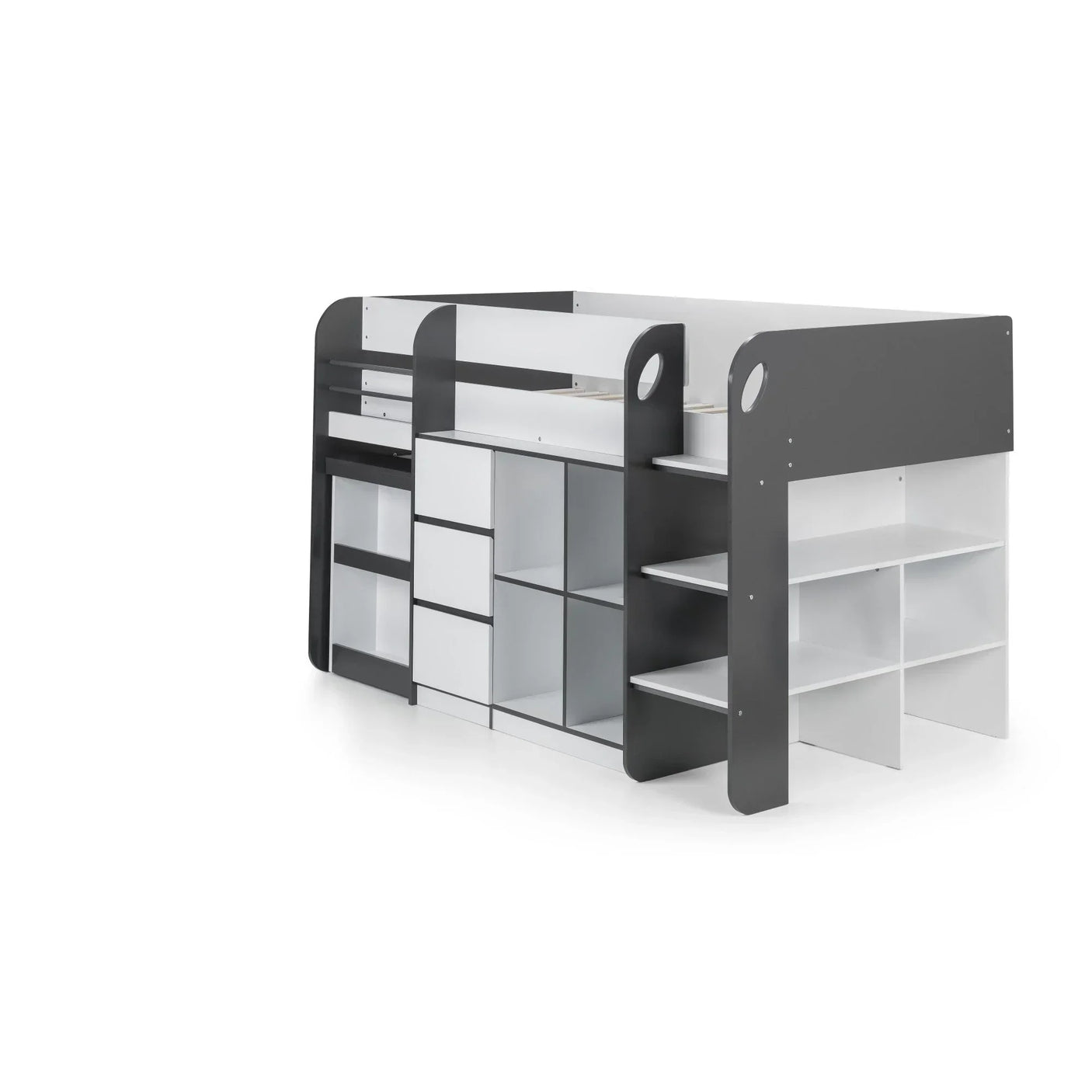 Grey and white kids mid sleeper bed with built-in shelves, drawers and storage units
