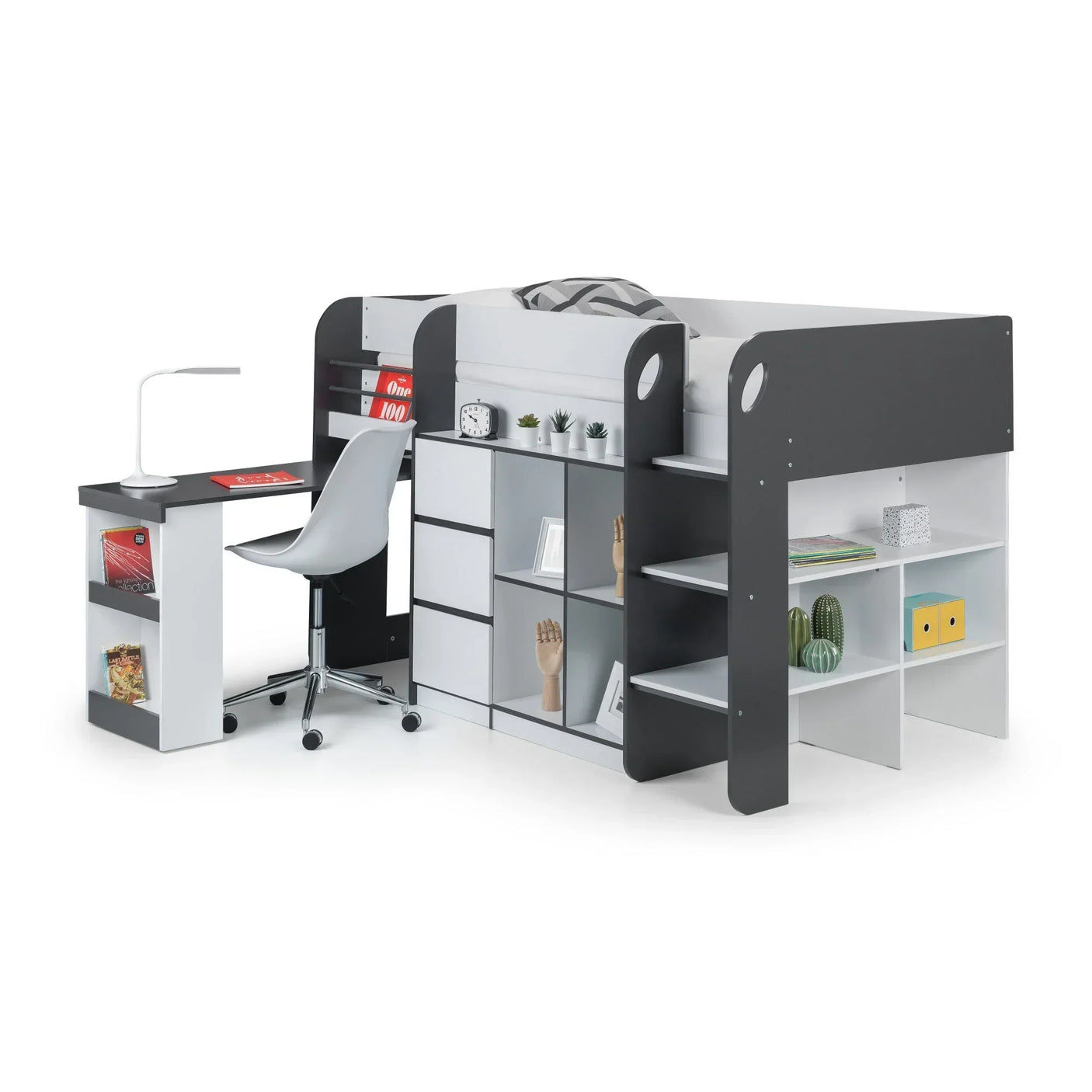 Black and white loft bed with desk, storage shelves and ladder, modern kids furniture