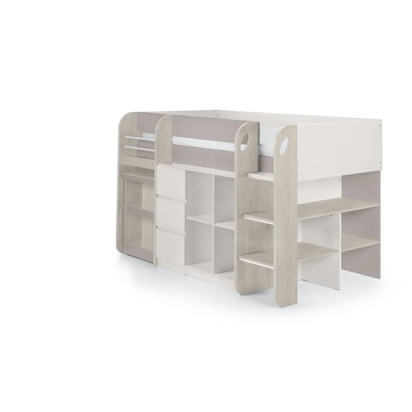 White and light wood kids mid sleeper bed with built-in storage shelves and steps