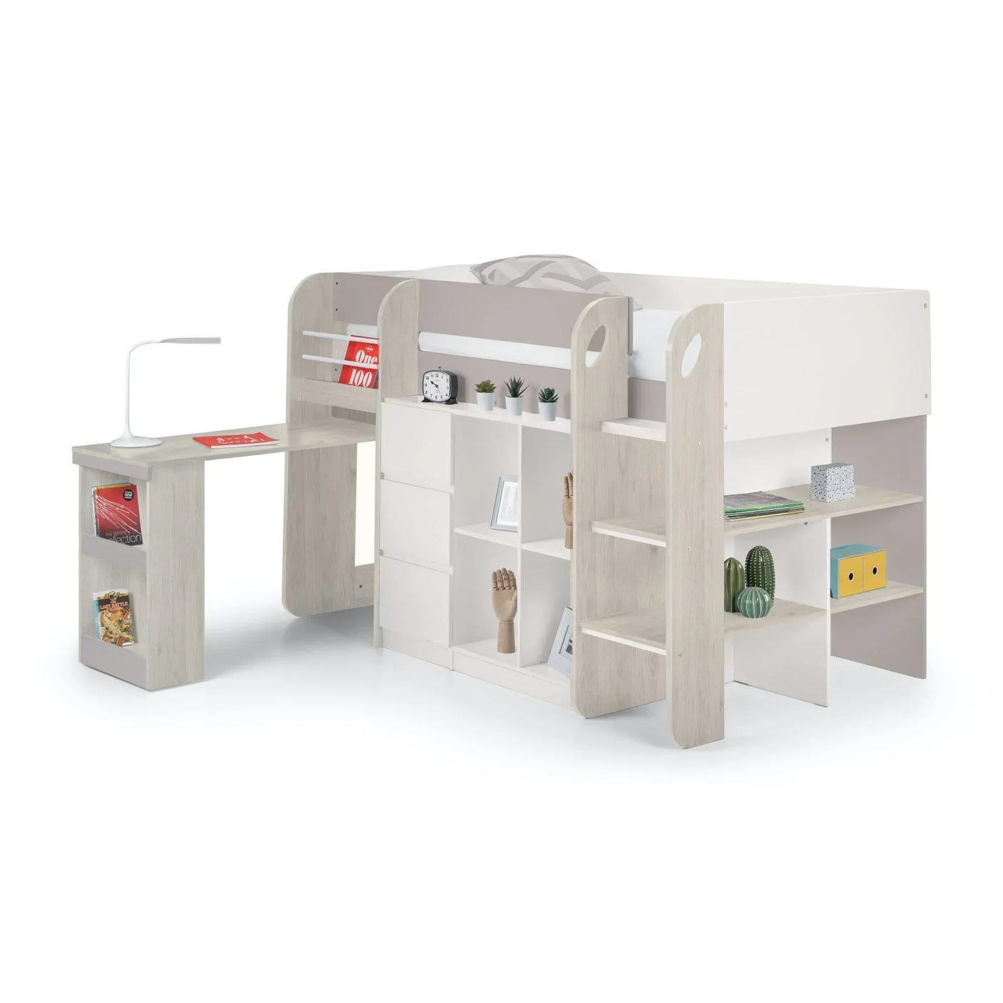White and wood mid sleeper bed with integrated desk, ladder and storage shelves
