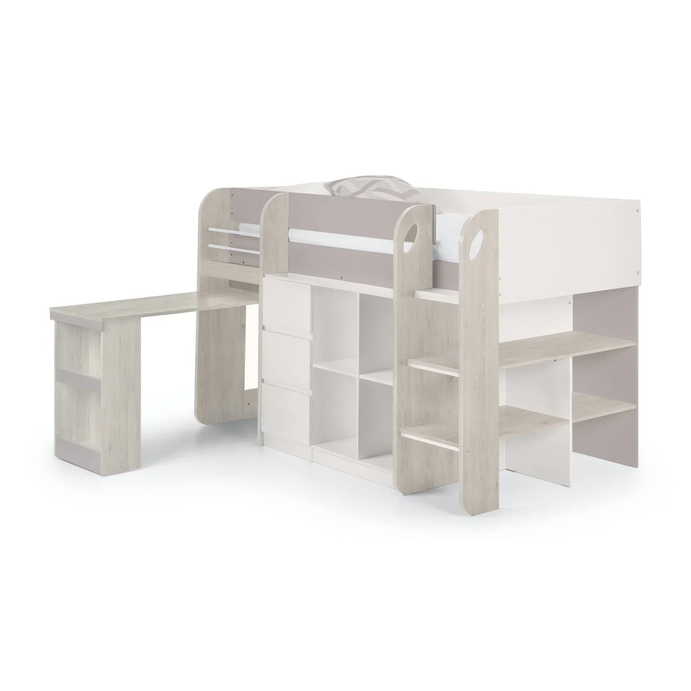 White and light wood kids mid sleeper bed with built-in desk, shelves, and storage compartments