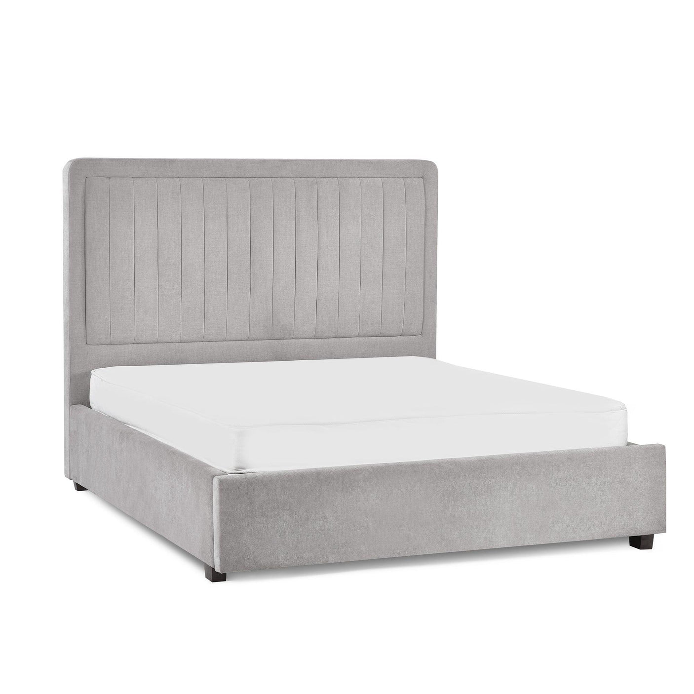 Light grey upholstered bed frame with vertical panel headboard and low foot end
