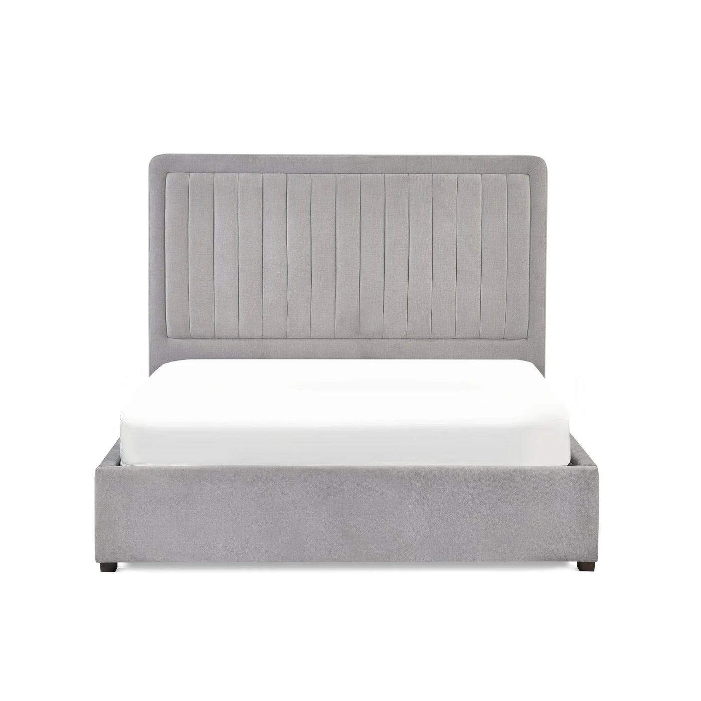 Grey upholstered bed frame with vertical panel headboard and low footboard, front view