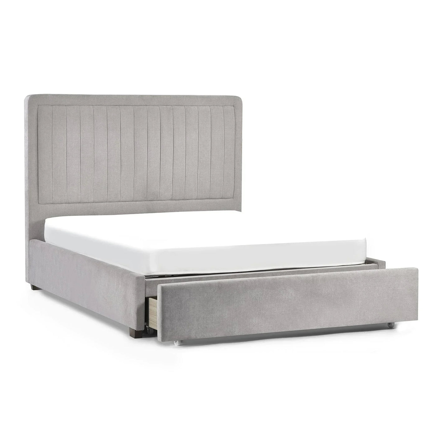 Grey upholstered bed frame with vertical panel headboard and open storage drawer