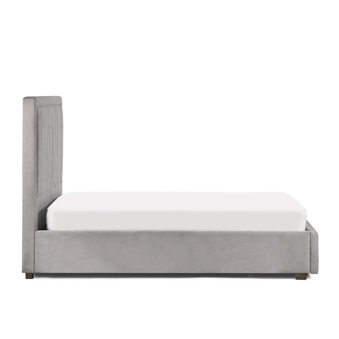 Grey upholstered bed frame with vertical panel headboard, side profile view