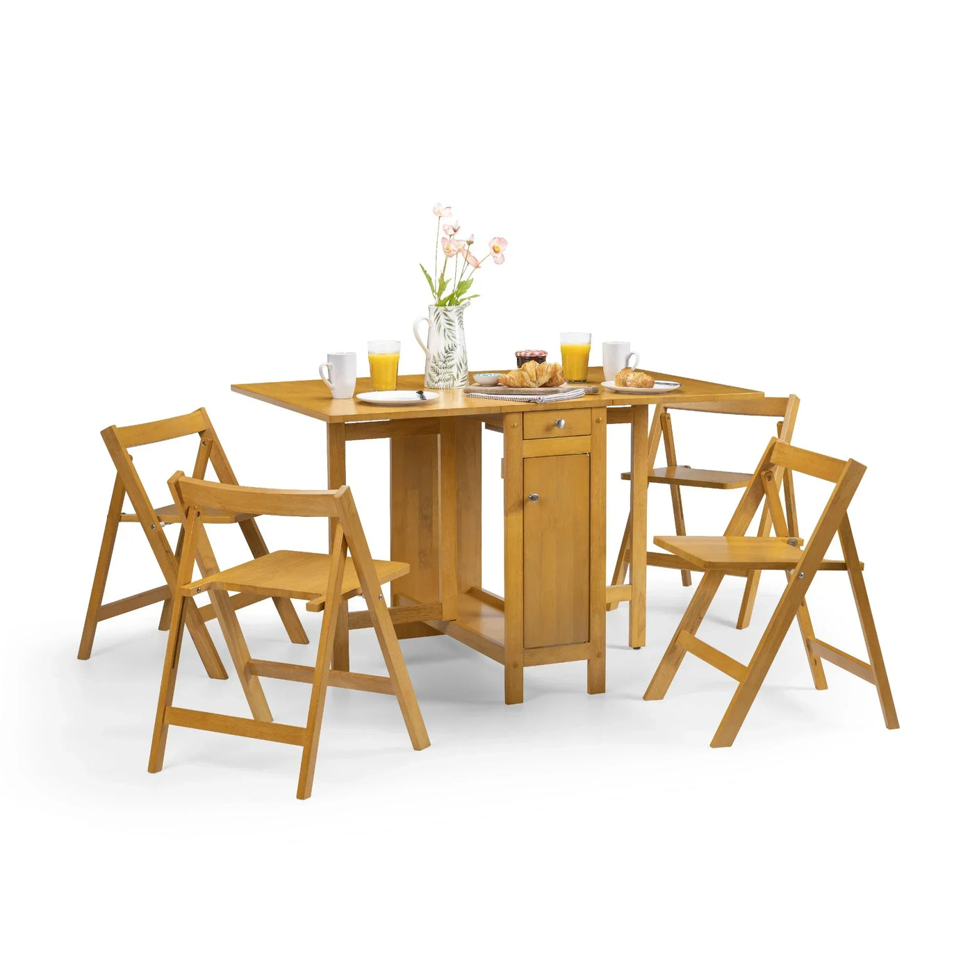 Light oak dining set with foldable chairs and storage table, set for breakfast