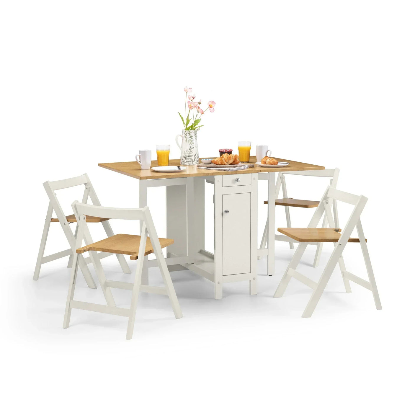White and oak folding dining table set with four matching chairs and breakfast setup