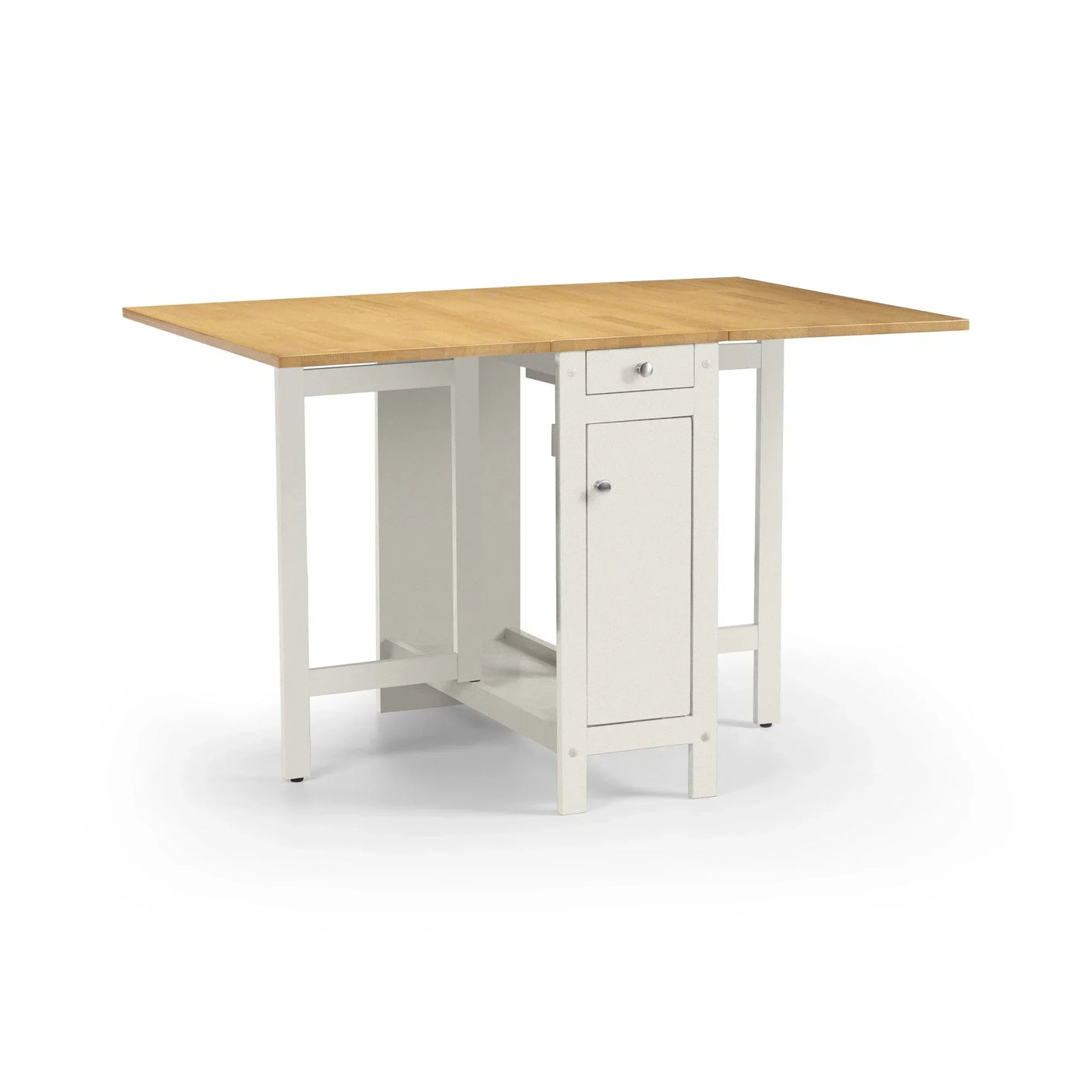 Wood top dining table with white frame, built-in drawer and storage cabinet, angled view