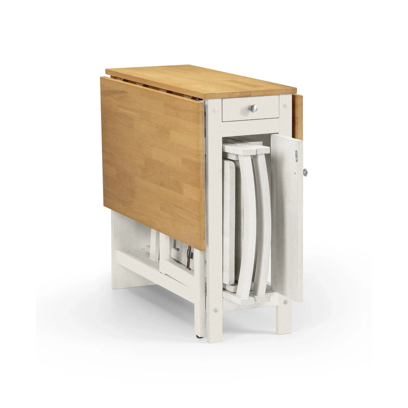 Drop leaf dining table with light wood top, white base, and foldable chairs stored inside