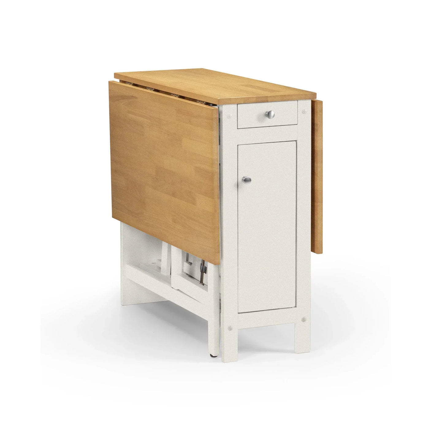 Foldable dining table with light wood top, white base, storage drawer and cabinet