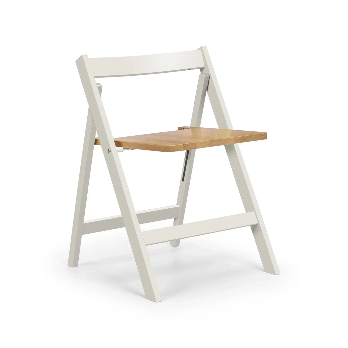 Folding chair with white wooden frame and natural wood seat, angled front view