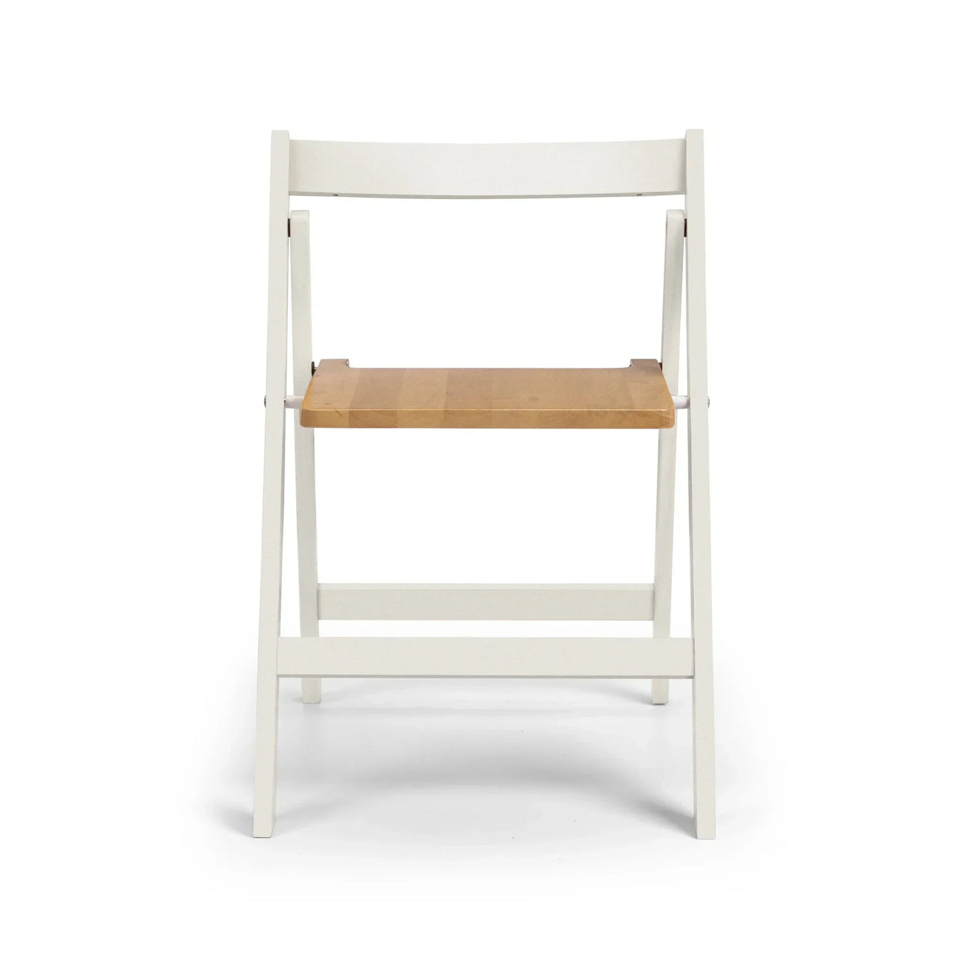 White folding chair with light wood seat front view on white background